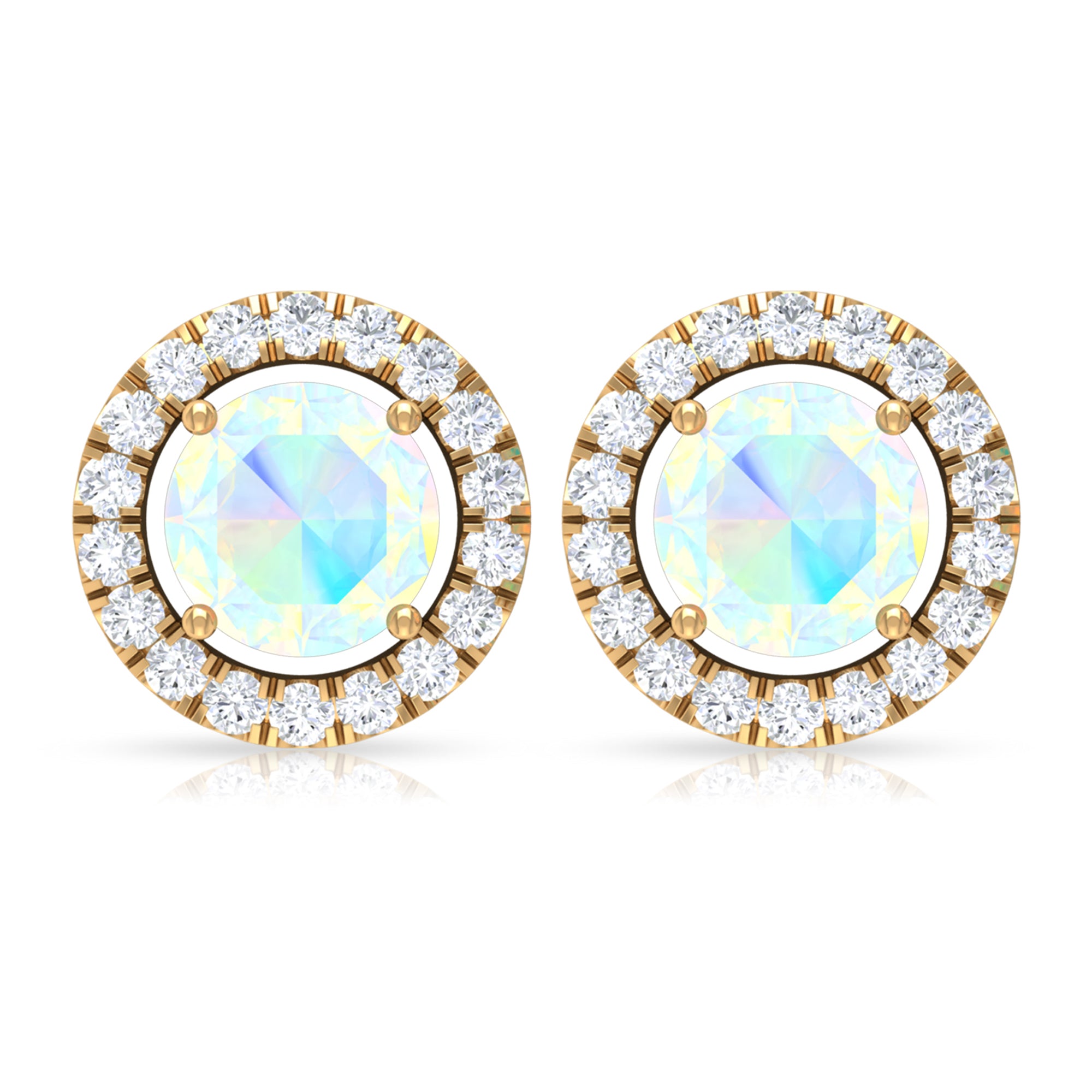 Round Ethiopian Opal and Diamond Halo Stud Earrings Ethiopian Opal - ( AAA ) - Quality - Rosec Jewels