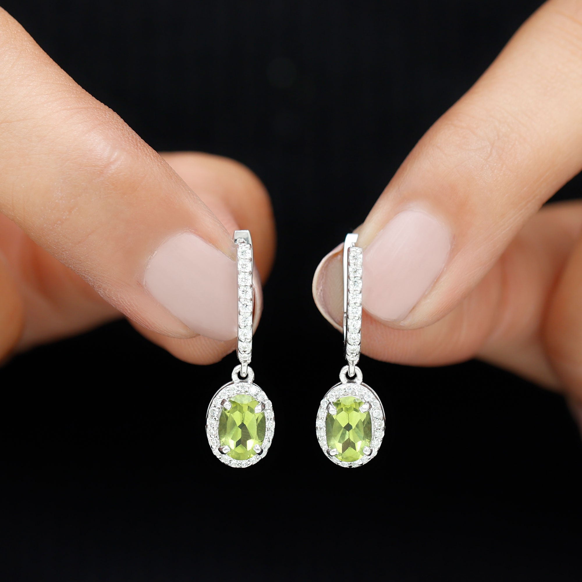 2 CT Claw Set Peridot and Moissanite Drop Hoop Earrings in Silver Peridot - ( AAA ) - Quality 92.5 Sterling Silver - Rosec Jewels