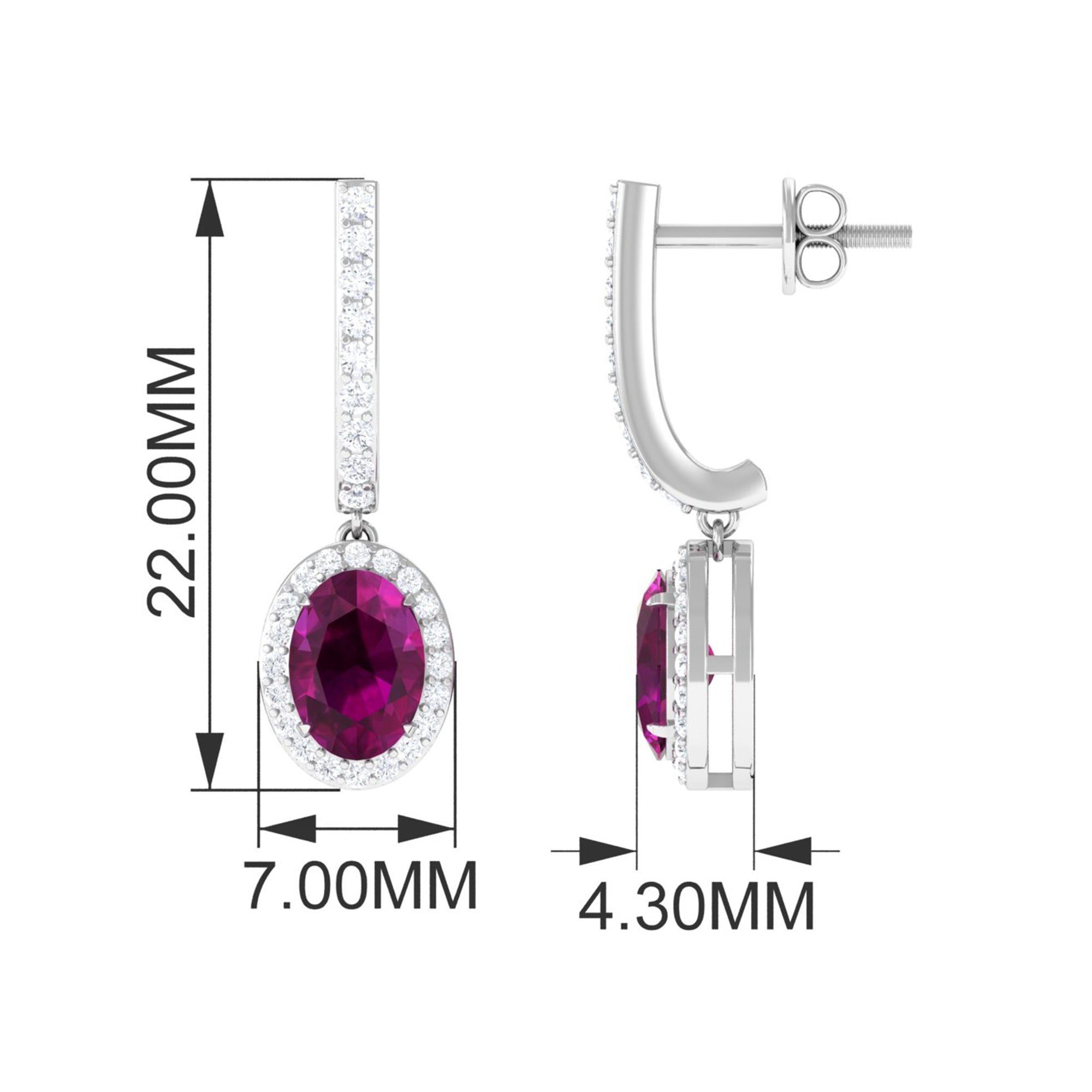 Classic Oval Rhodolite Hoop Drop Earrings with Diamond Halo Rhodolite - ( AAA ) - Quality - Rosec Jewels