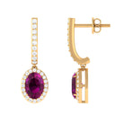 Classic Oval Rhodolite Hoop Drop Earrings with Diamond Halo Rhodolite - ( AAA ) - Quality - Rosec Jewels