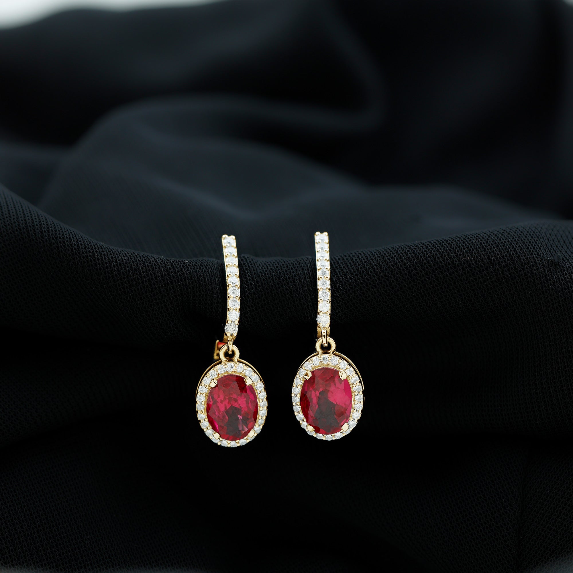 Oval Lab-Created Ruby Hoop Drop Earrings with Diamond Halo Lab Created Ruby - ( AAAA ) - Quality - Rosec Jewels