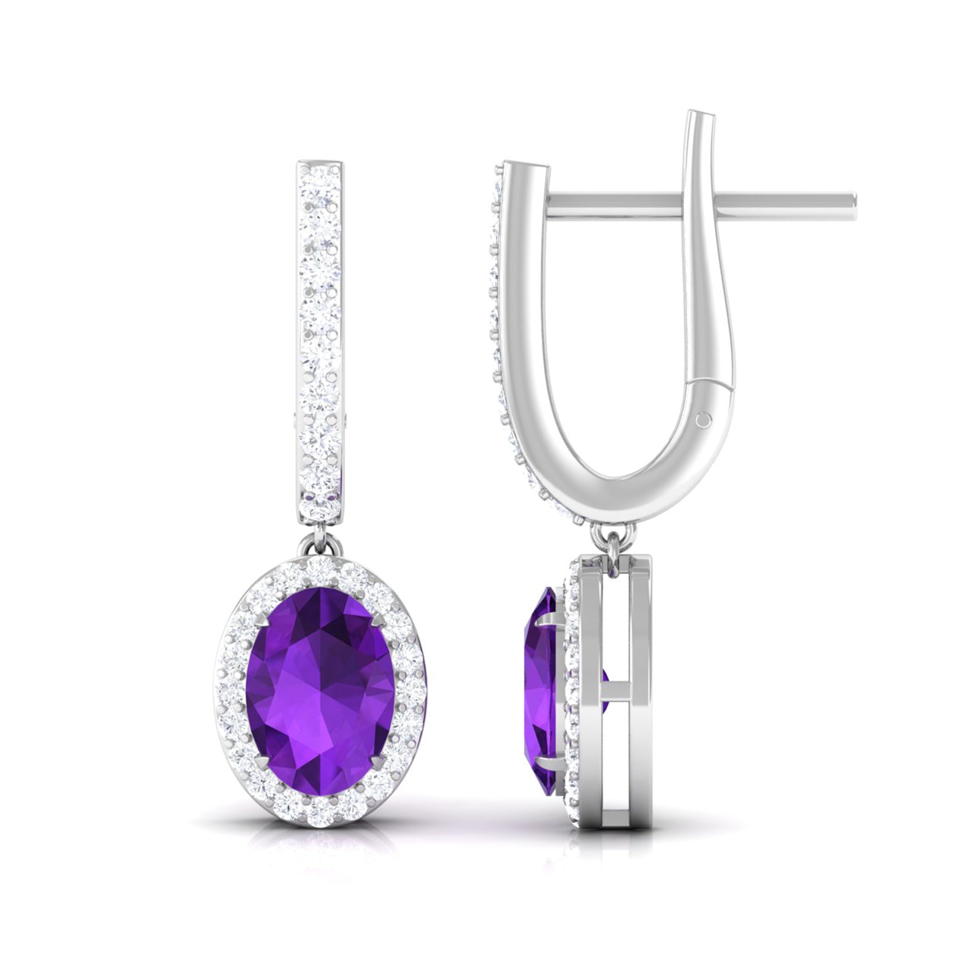 Oval Amethyst Hoop Drop Earrings with Diamond Halo Amethyst - ( AAA ) - Quality - Rosec Jewels