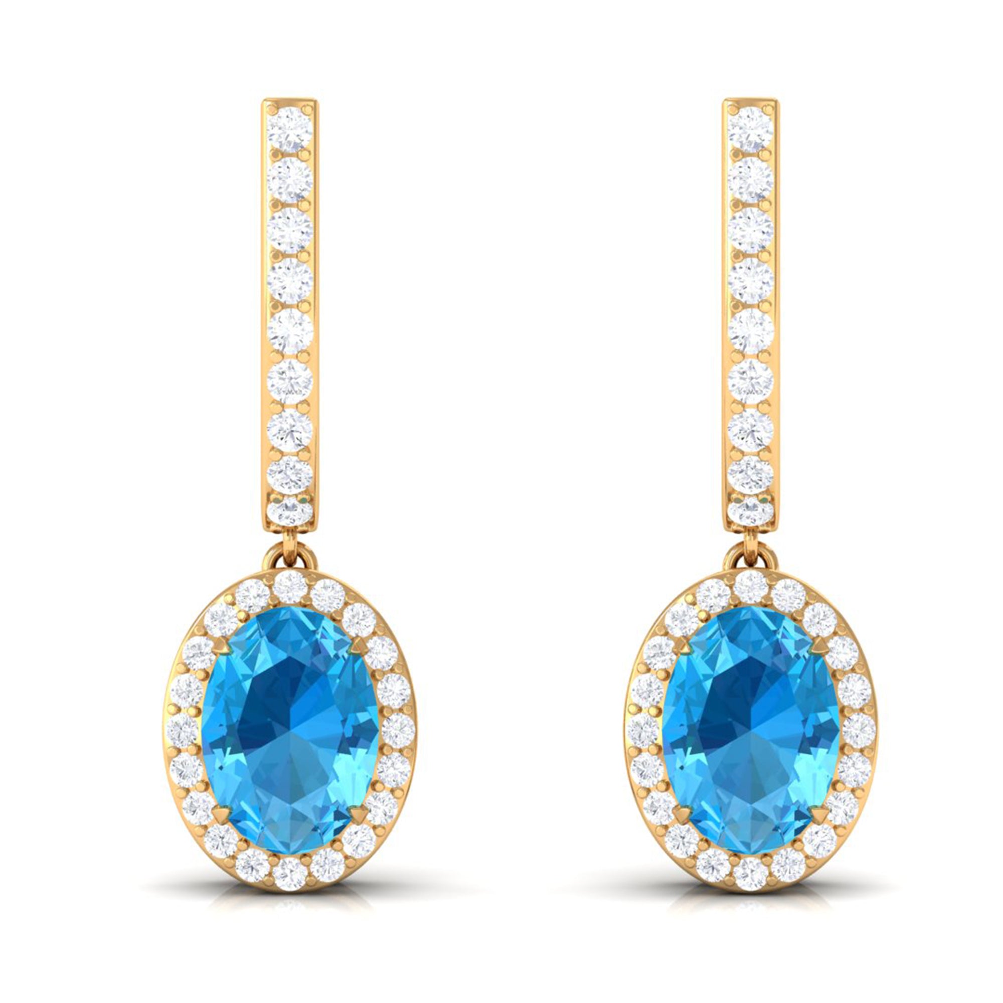 Oval Swiss Blue Topaz Hoop Drop Earrings with Diamond Halo Swiss Blue Topaz - ( AAA ) - Quality - Rosec Jewels