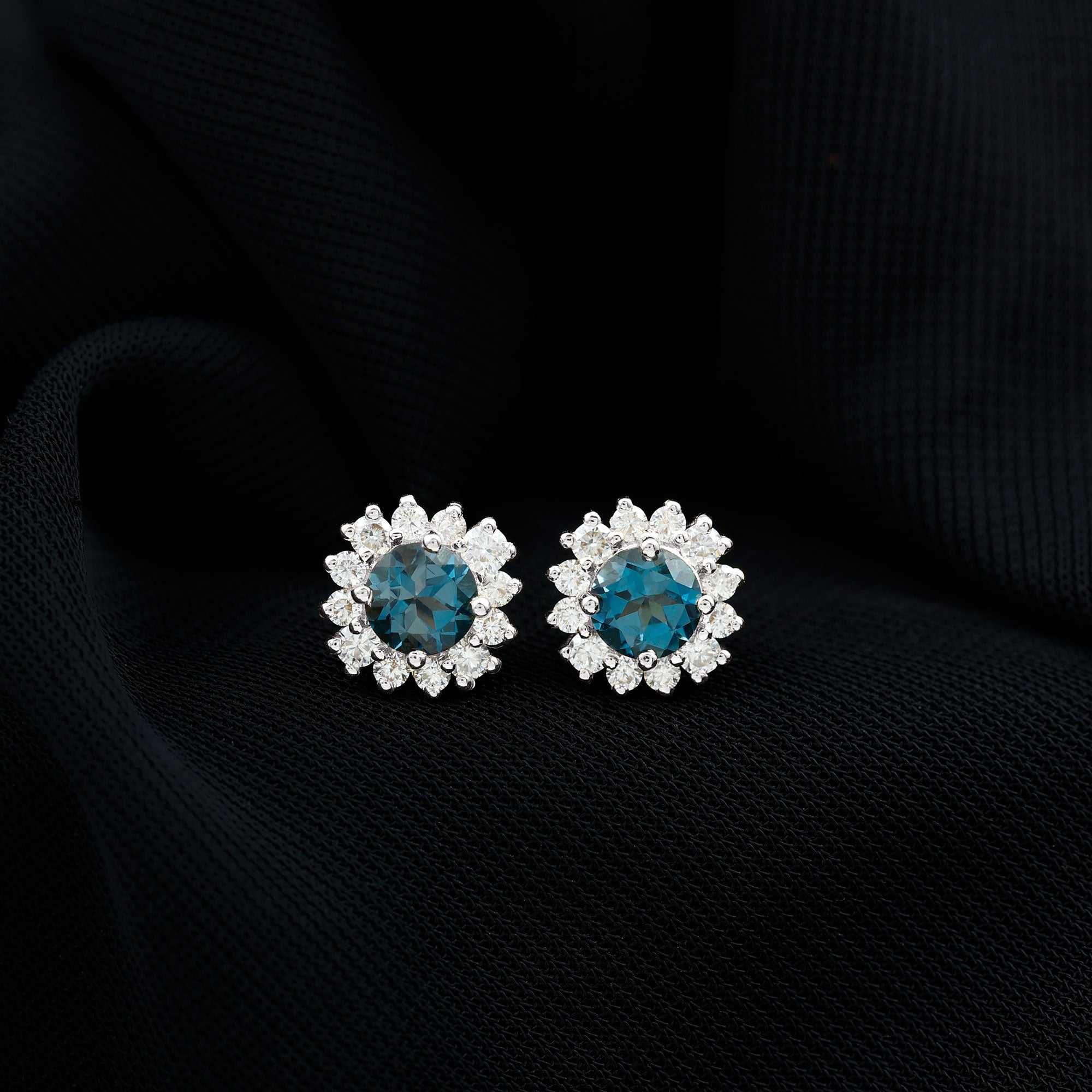 2 CT London Blue Topaz and Diamond Halo Stud Earrings London Blue Topaz - ( AAA ) - Quality - Rosec Jewels