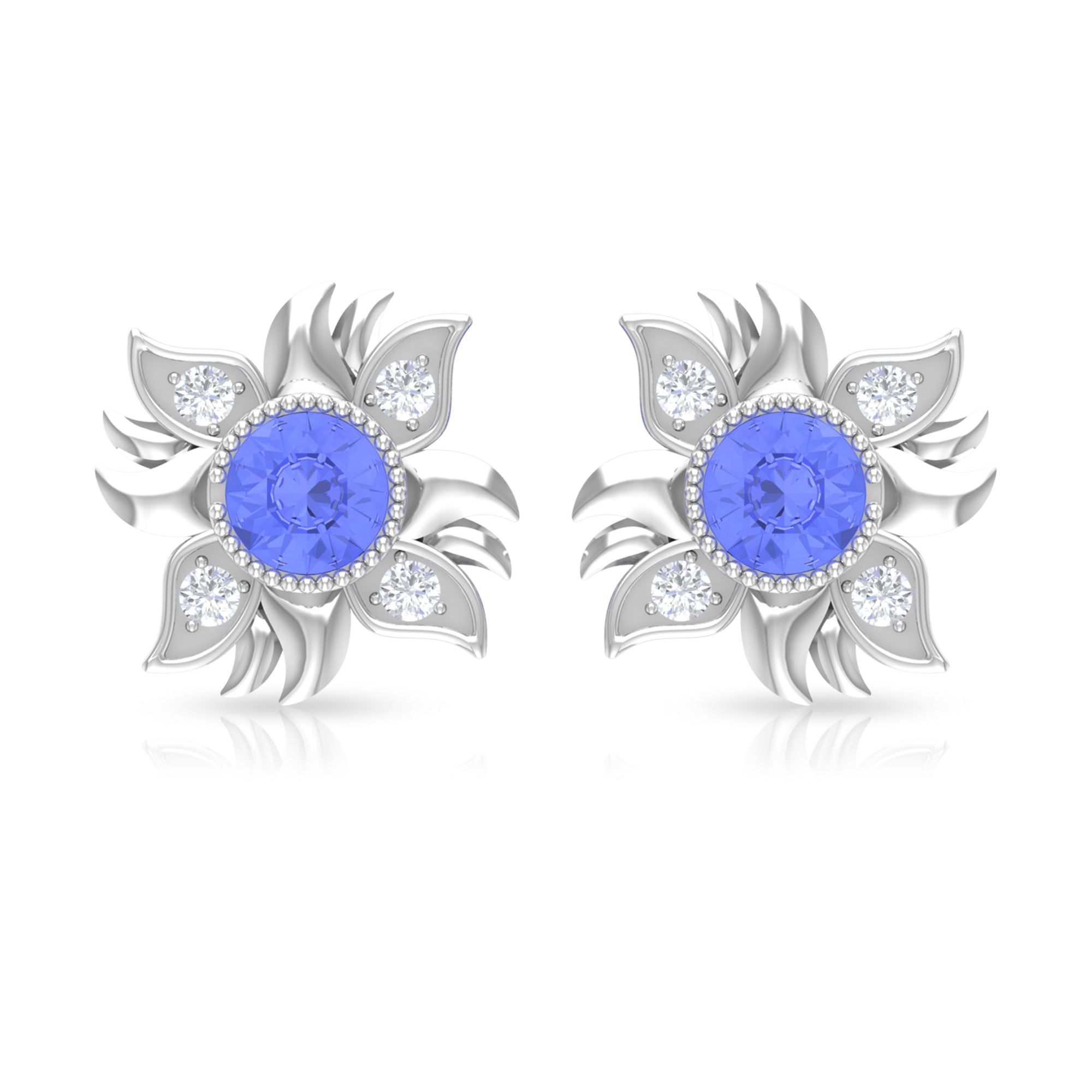 Round Shape Tanzanite and Diamond Sunburst Stud Earrings Tanzanite - ( AAA ) - Quality - Rosec Jewels