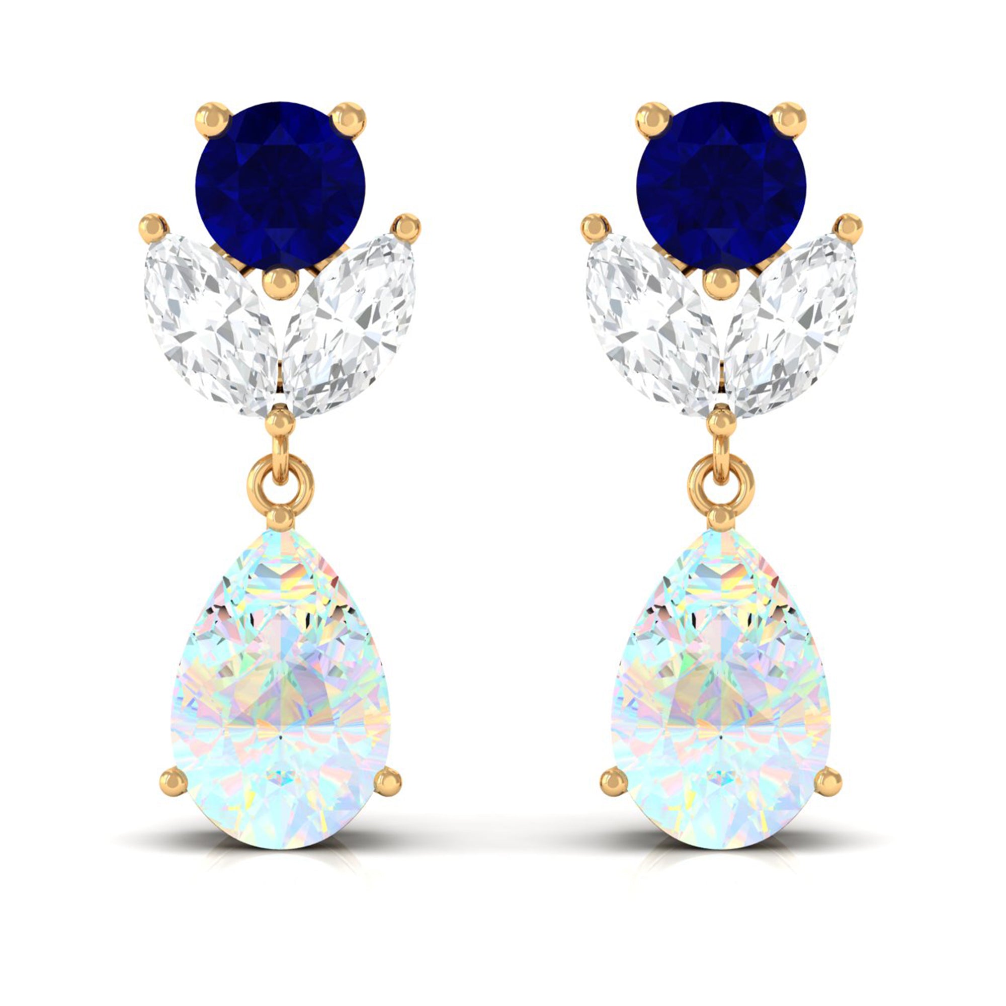 Ethiopian Opal and Blue Sapphire Cocktail Drop Earrings with Moissanite Blue Sapphire - ( AAA ) - Quality - Rosec Jewels