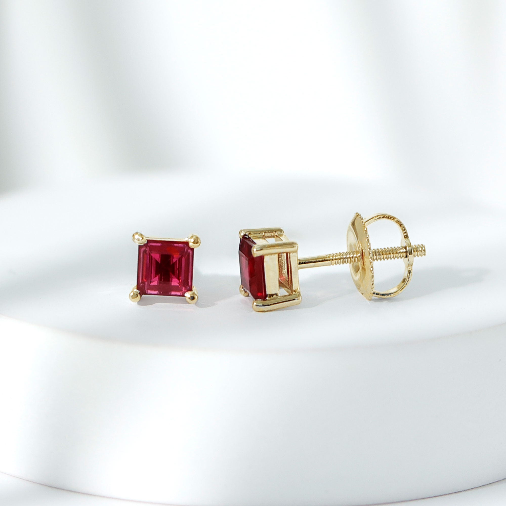 Princess Cut Created Ruby Solitaire Stud Earrings in Gold Lab Created Ruby - ( AAAA ) - Quality - Rosec Jewels