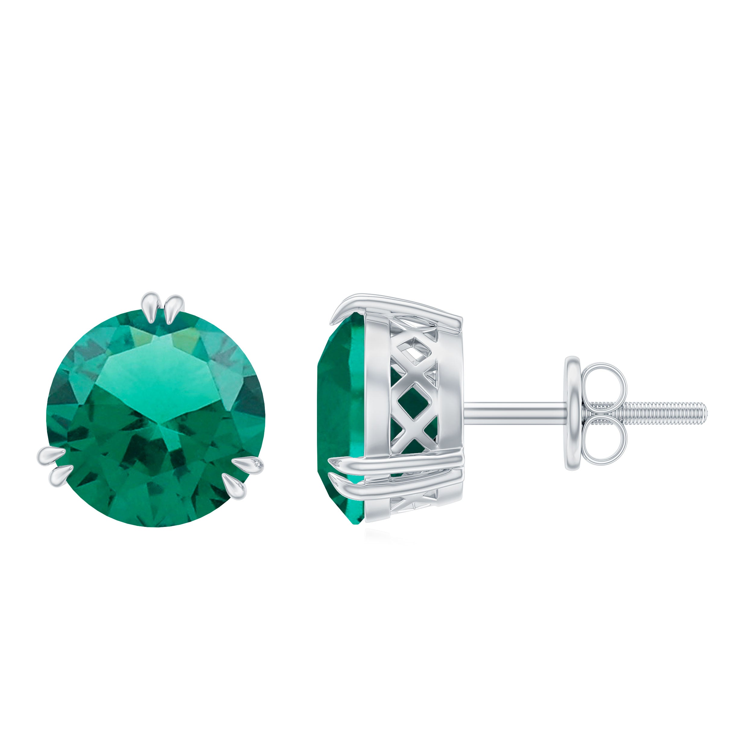 8 MM Created Emerald Solitaire Silver Stud Earrings in Double Claw Setting Lab Created Emerald - ( AAAA ) - Quality 92.5 Sterling Silver - Rosec Jewels