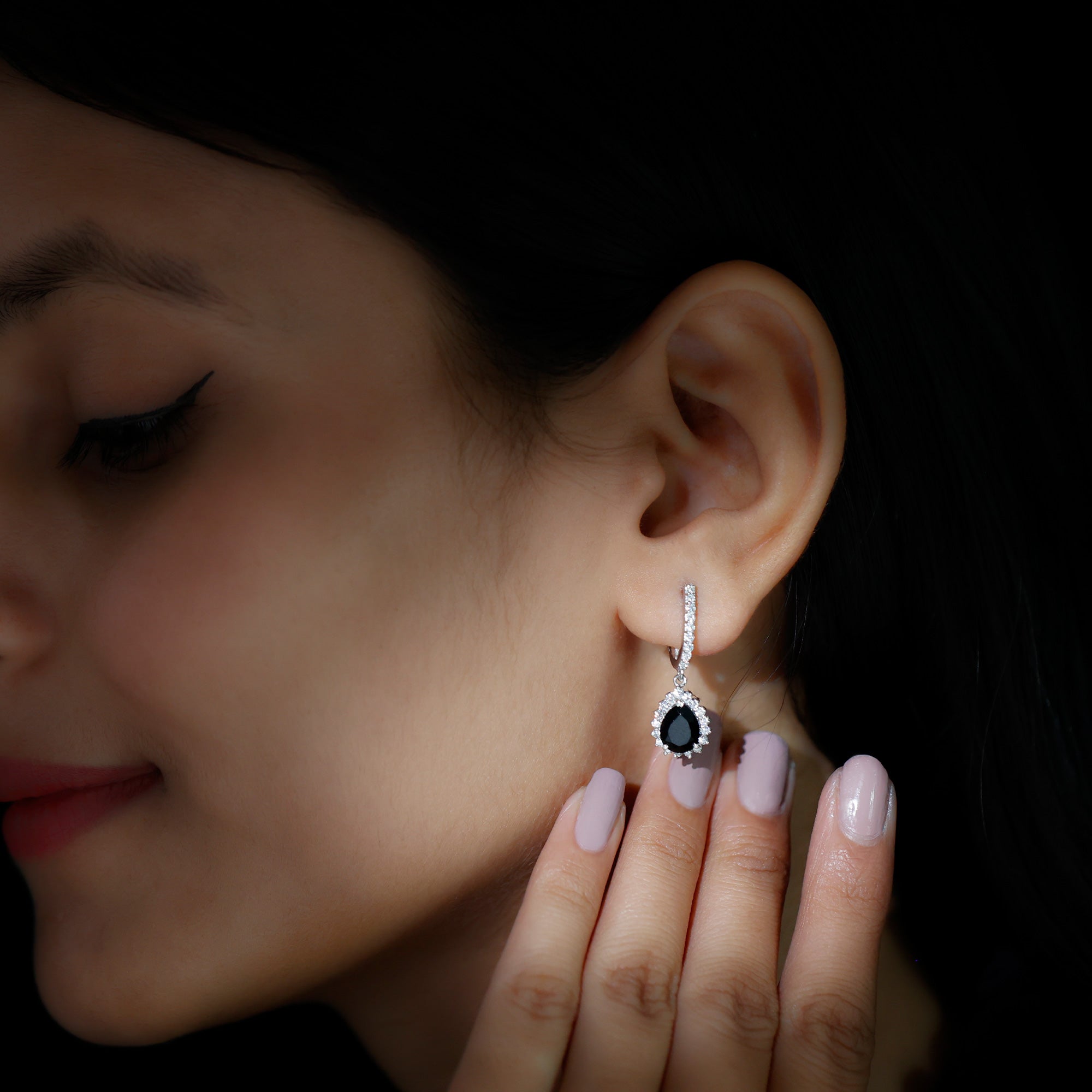 3.25 CT Black Onyx and Moissanite Bridal Teardrop Earrings in Silver Black Onyx - ( AAA ) - Quality 92.5 Sterling Silver - Rosec Jewels