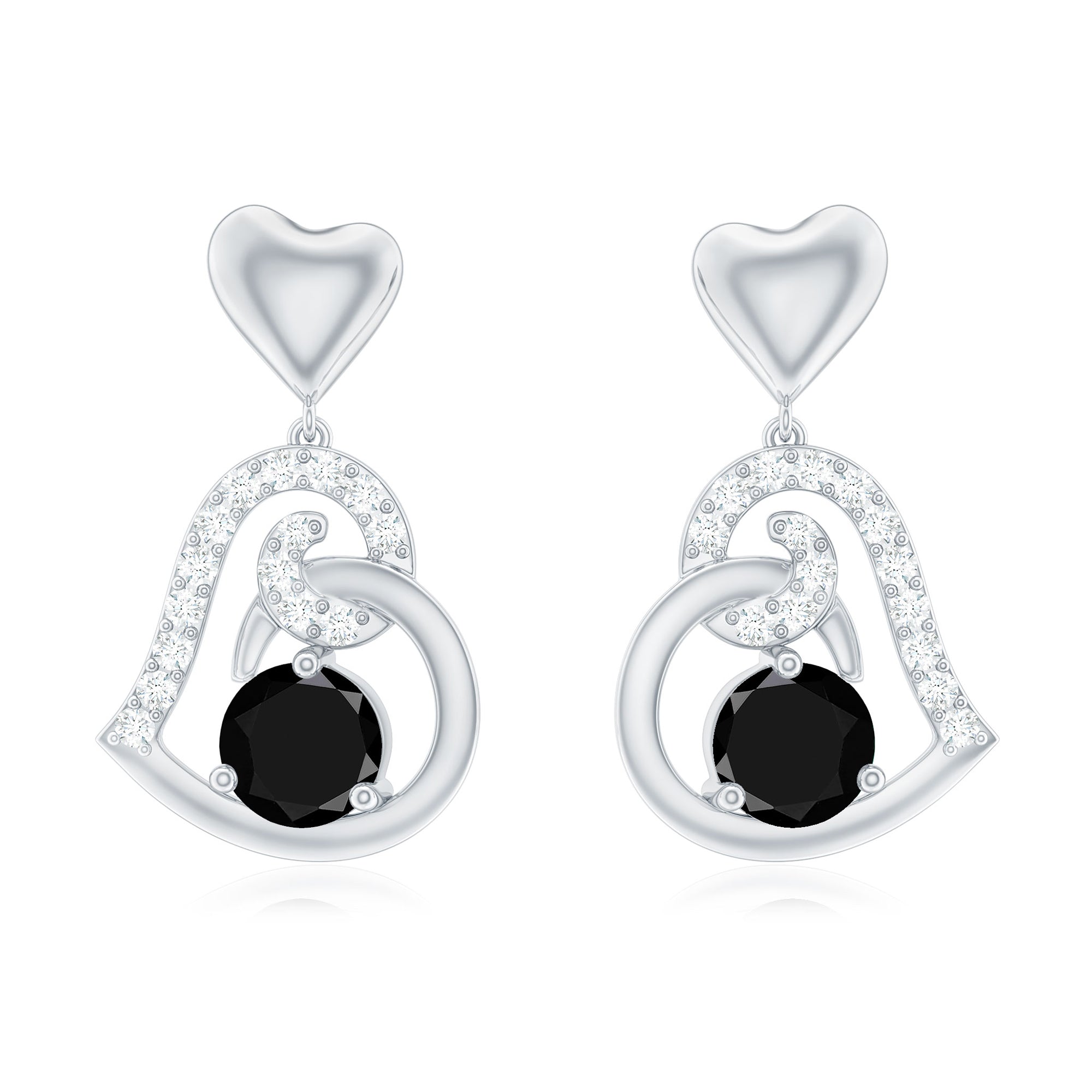 Black and White Diamond Heart Drop Earrings Black Diamond - ( AAA ) - Quality - Rosec Jewels