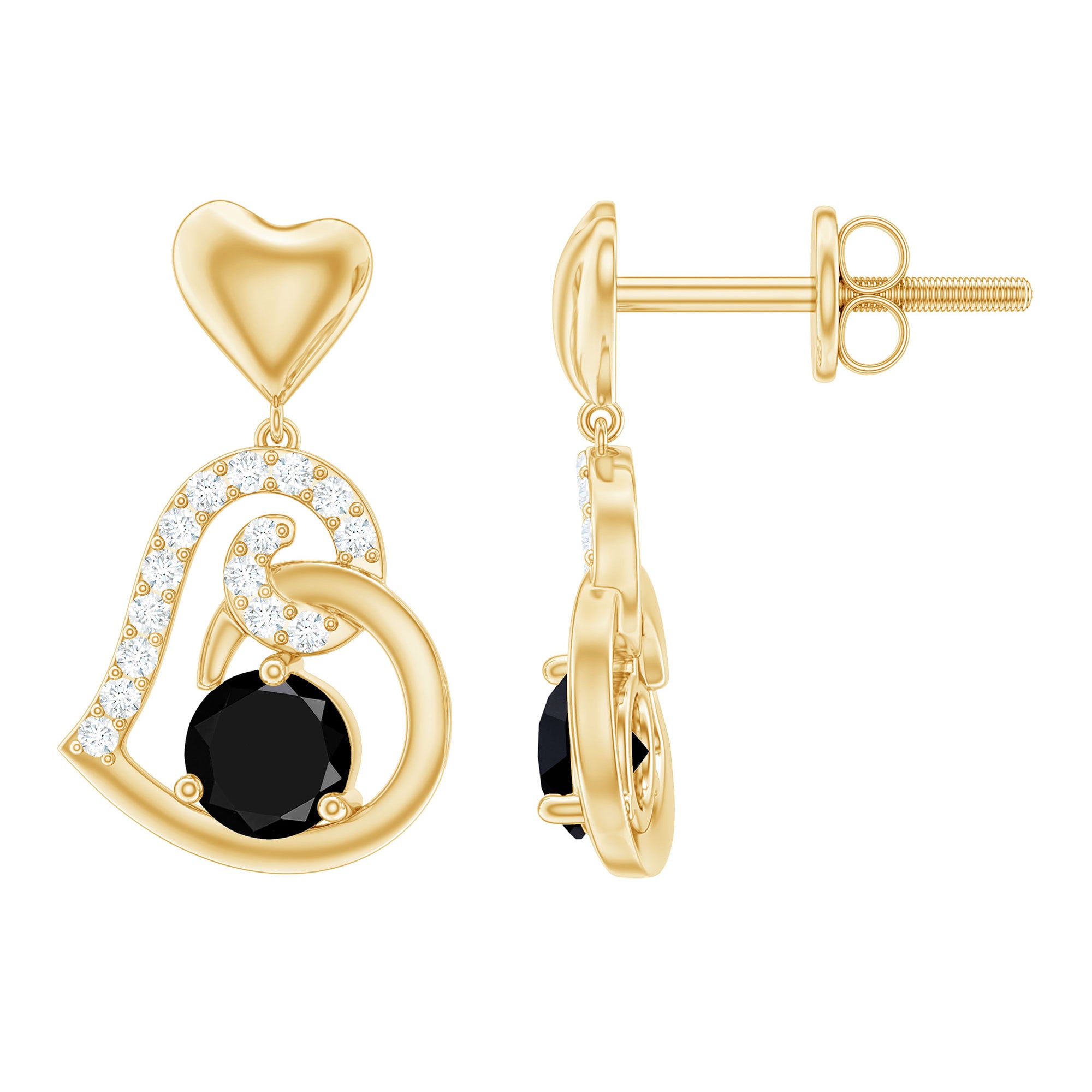 Black and White Diamond Heart Drop Earrings Black Diamond - ( AAA ) - Quality - Rosec Jewels