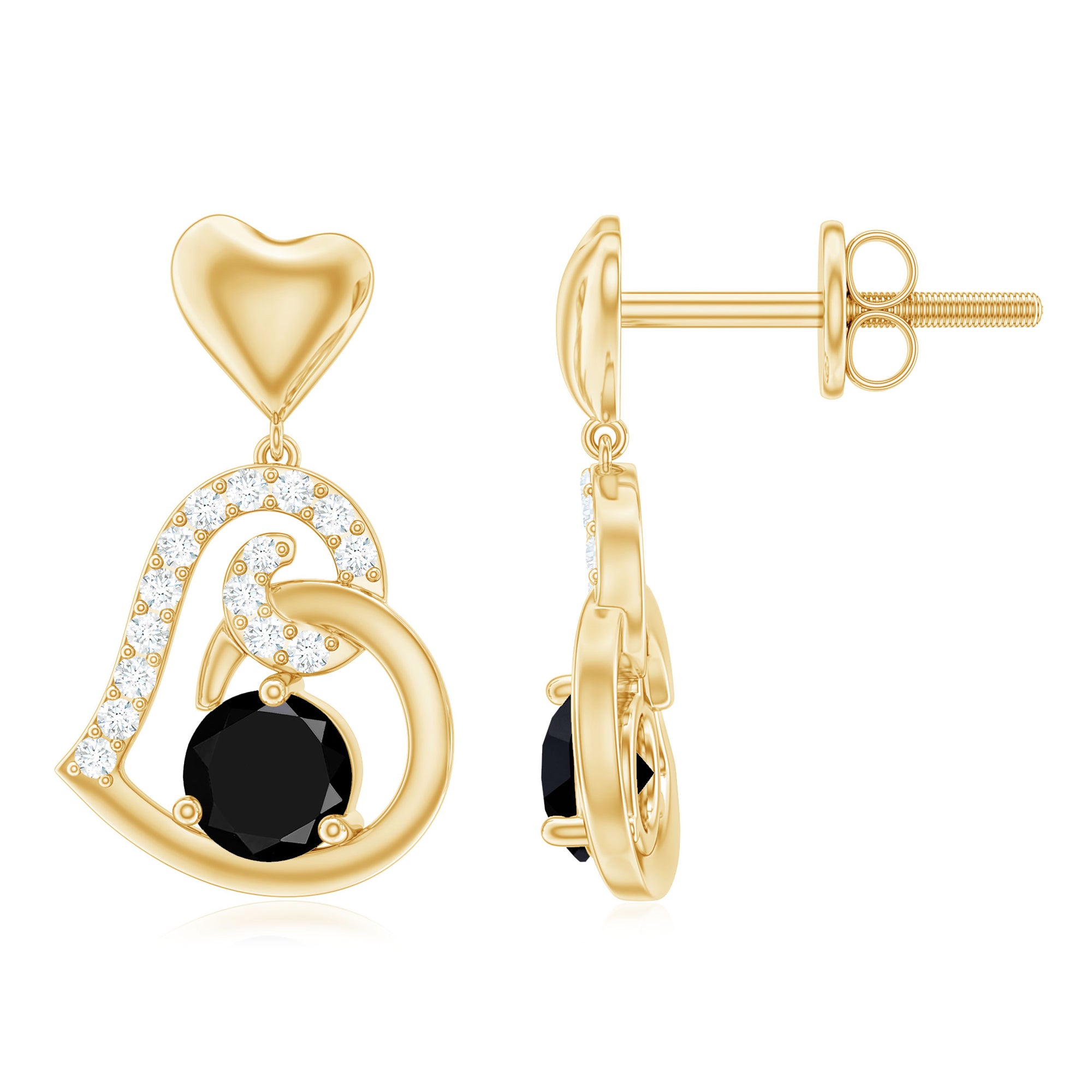 Black and White Diamond Heart Drop Earrings Black Diamond - ( AAA ) - Quality - Rosec Jewels