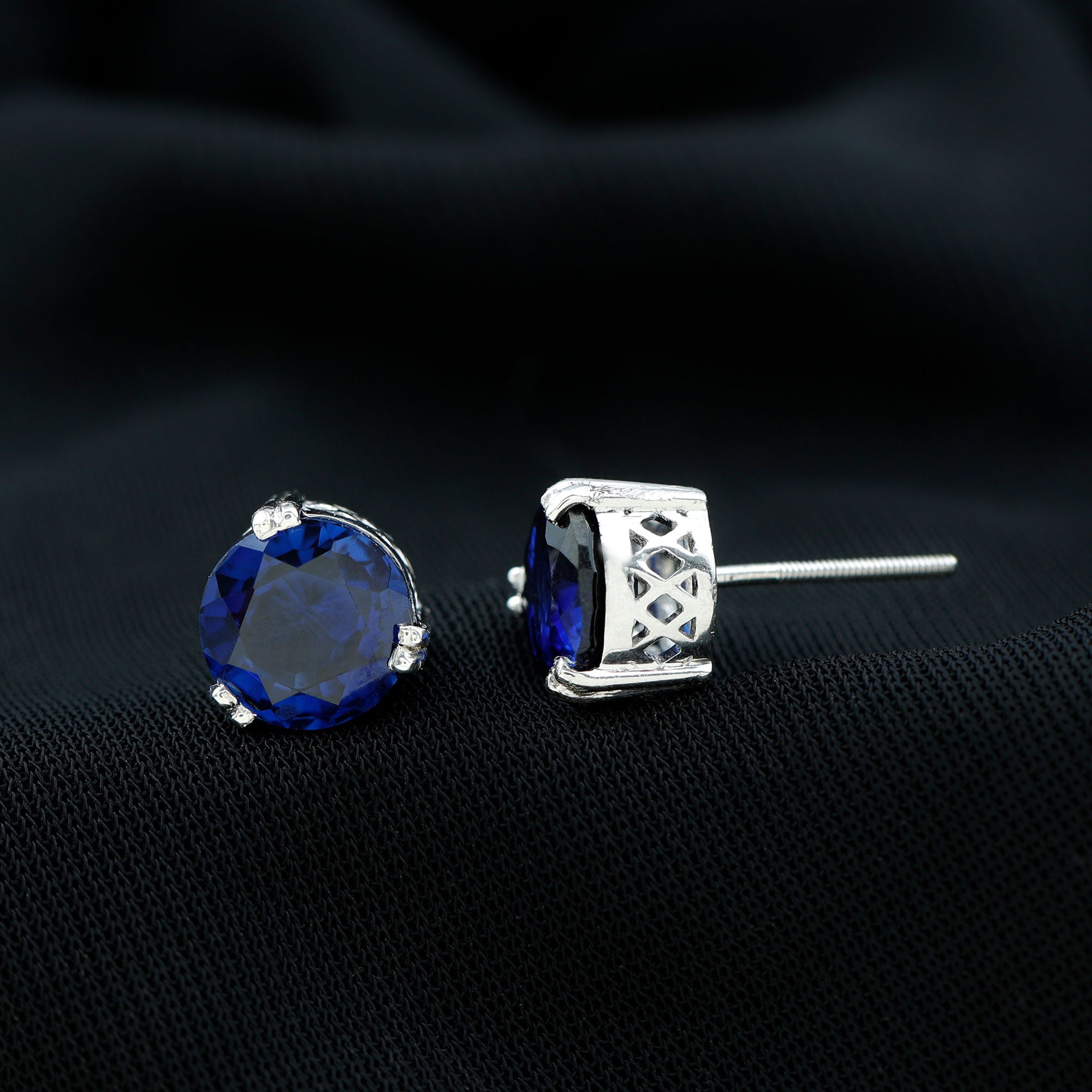 Double Claw Set Round Created Blue Sapphire Silver Solitaire Stud Earrings Lab Created Blue Sapphire - ( AAAA ) - Quality 92.5 Sterling Silver - Rosec Jewels