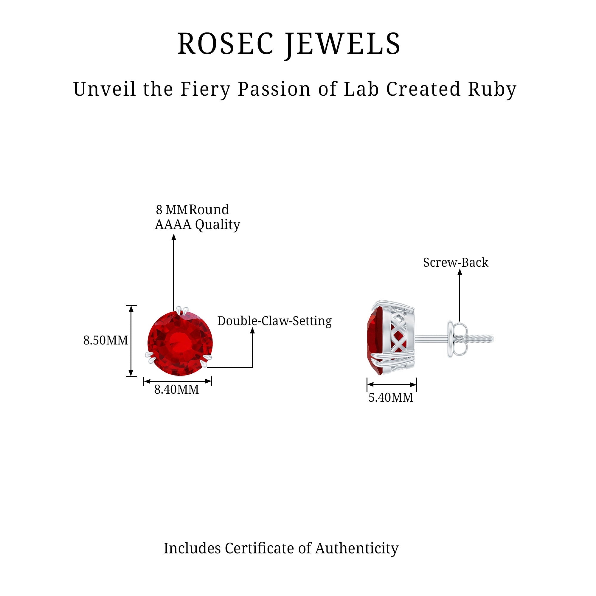 8 MM Lab Created Ruby Solitaire Silver Stud Earrings for Women Lab Created Ruby - ( AAAA ) - Quality 92.5 Sterling Silver - Rosec Jewels