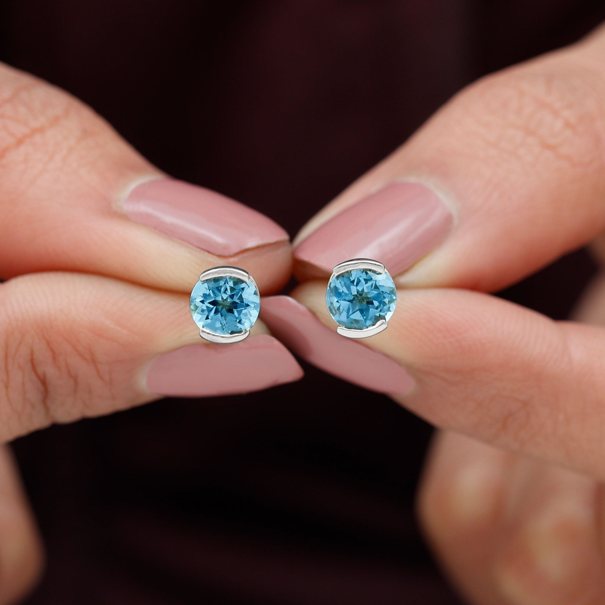 Swiss Blue Topaz Solitaire Stud Earrings in Half Bezel Setting Swiss Blue Topaz - ( AAA ) - Quality - Rosec Jewels