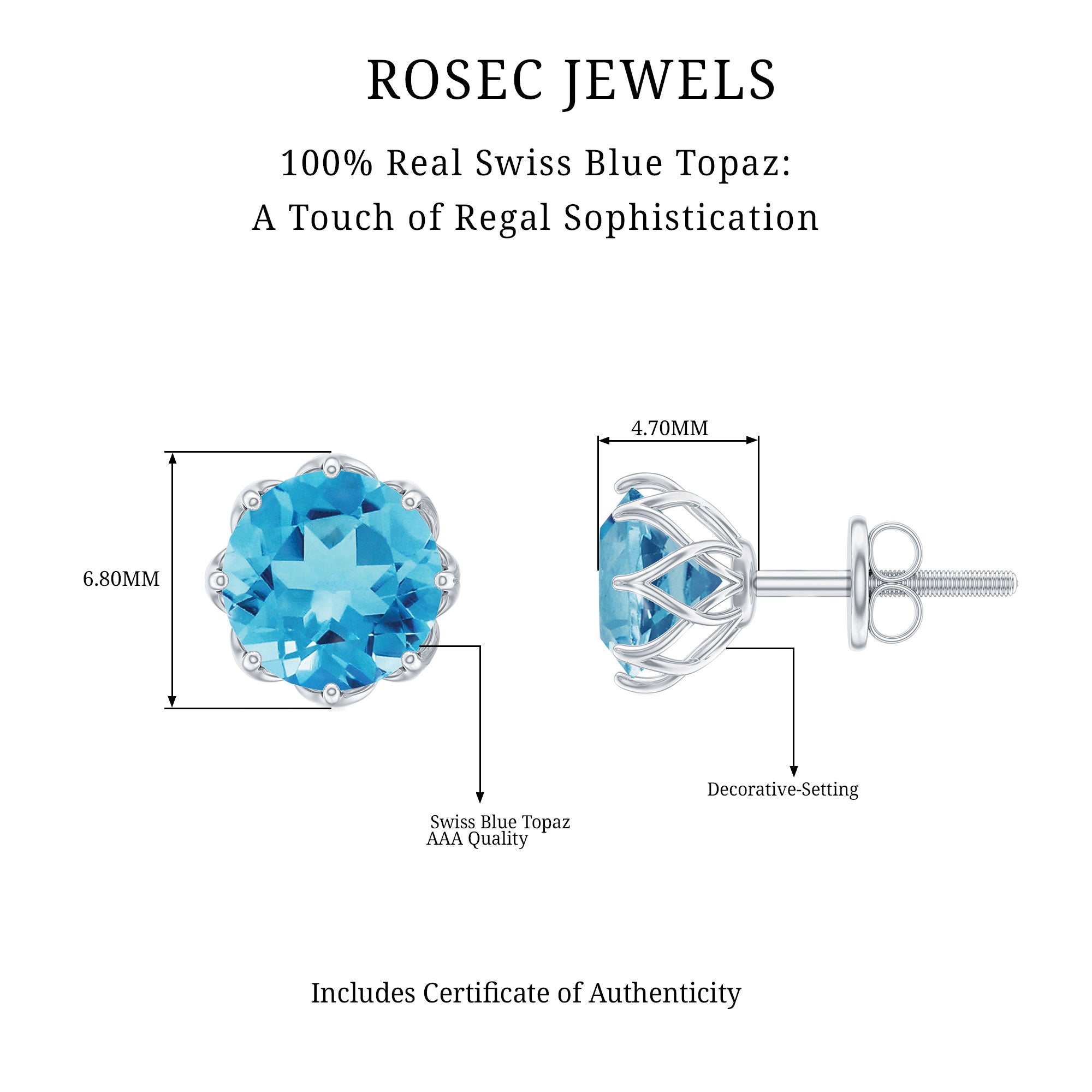 6 MM Decorative Swiss Blue Topaz Solitaire Stud Earrings Swiss Blue Topaz - ( AAA ) - Quality - Rosec Jewels