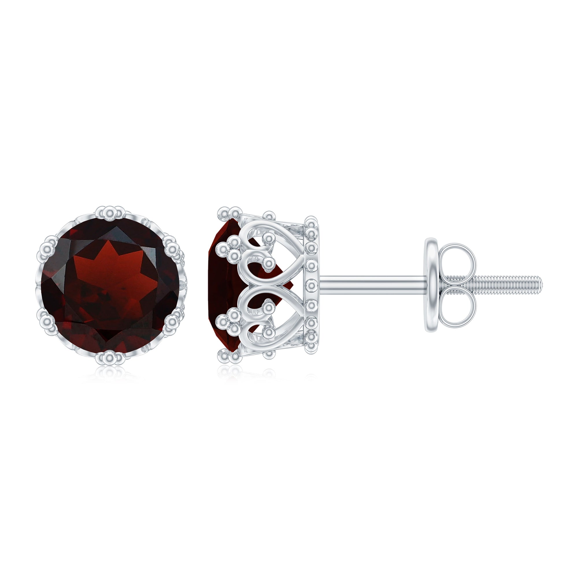 7 MM Garnet Solitaire Crown Stud Earrings Garnet - ( AAA ) - Quality - Rosec Jewels