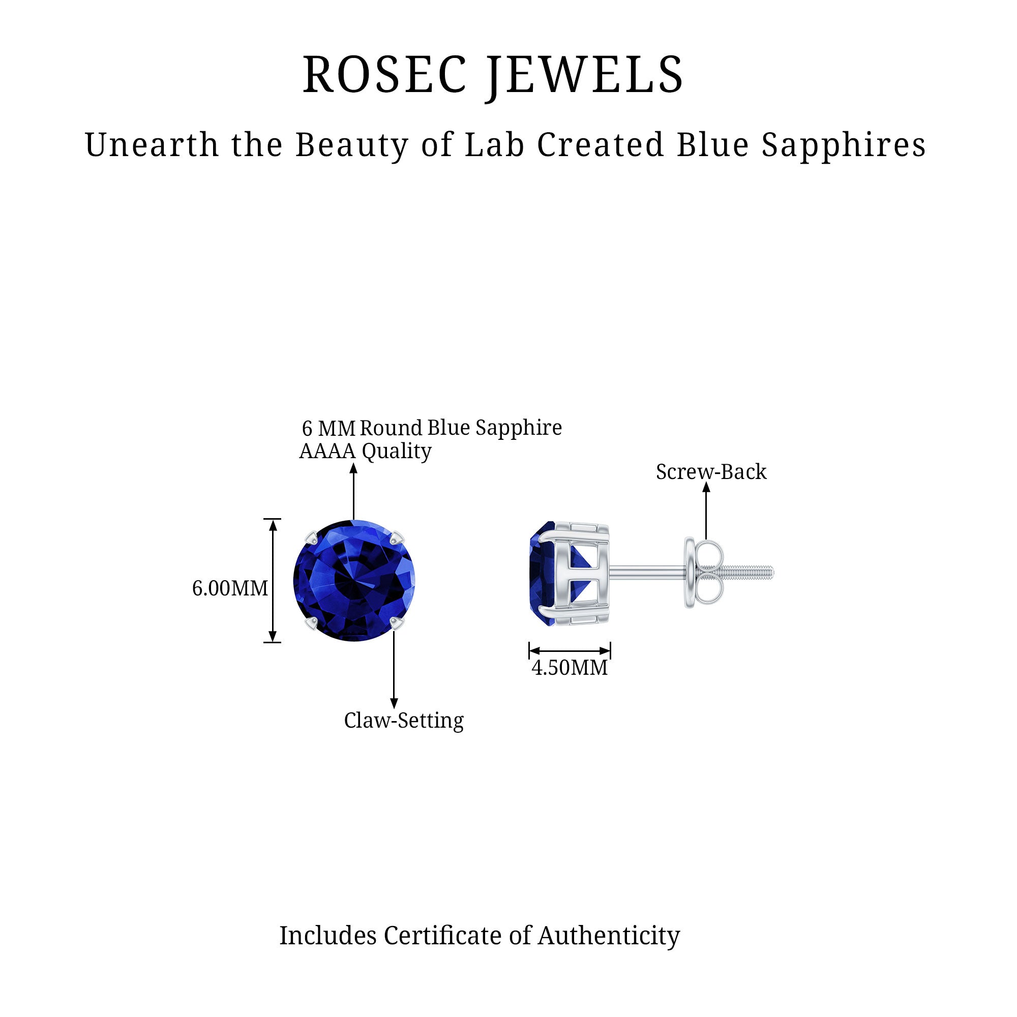 2 CT Solitaire Created Blue Sapphire Round Silver Stud Earrings in Claw Setting Lab Created Blue Sapphire - ( AAAA ) - Quality 92.5 Sterling Silver - Rosec Jewels