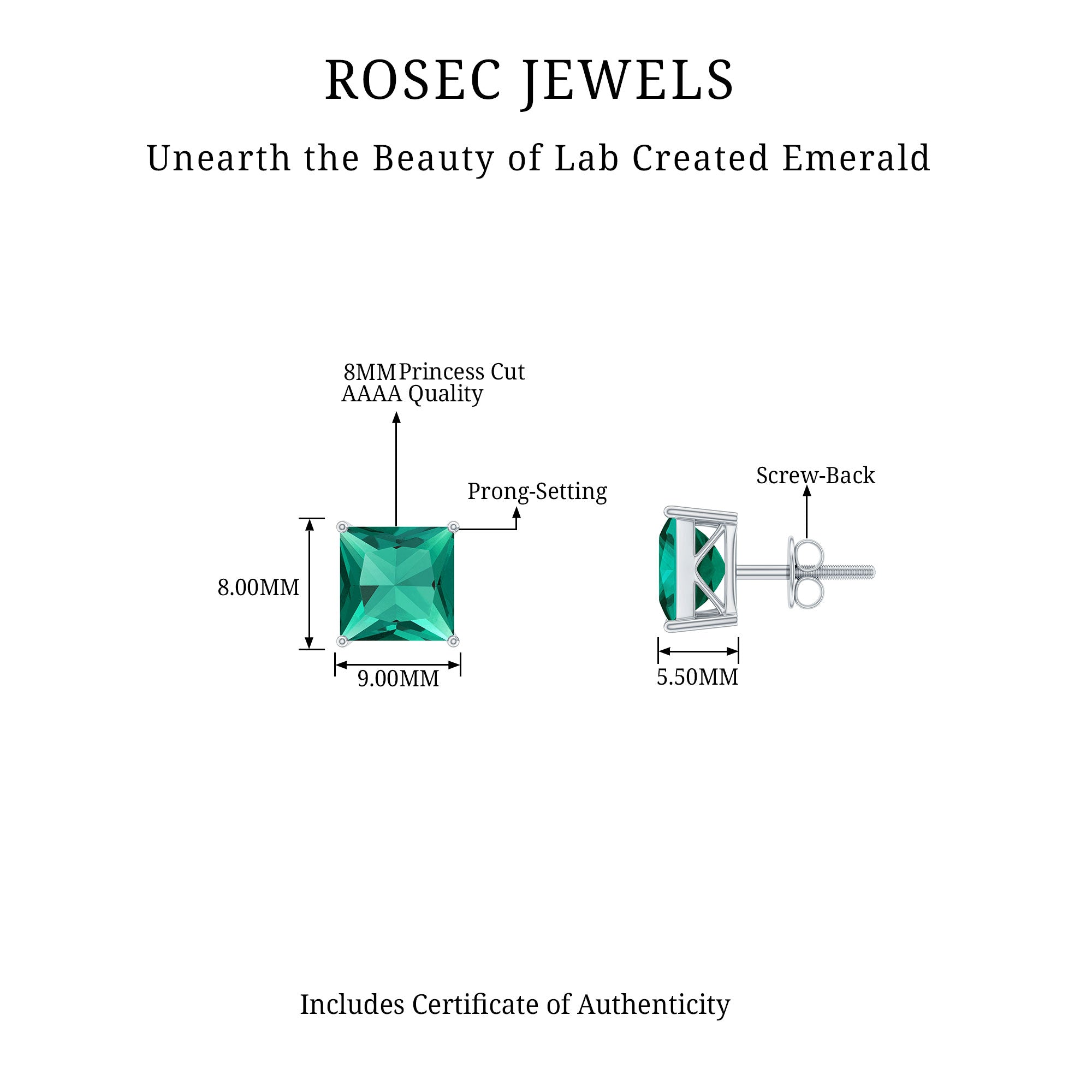 4.75 CT Princess Cut Created Emerald Solitaire Stud Earring in Silver Lab Created Emerald - ( AAAA ) - Quality 92.5 Sterling Silver - Rosec Jewels