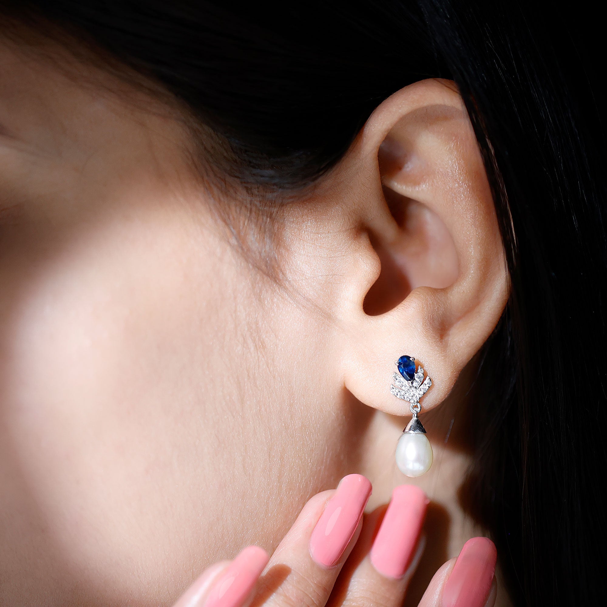 Freshwater Pearl and Blue Sapphire Teardrop Earrings with Moissanite Blue Sapphire - ( AAA ) - Quality - Rosec Jewels