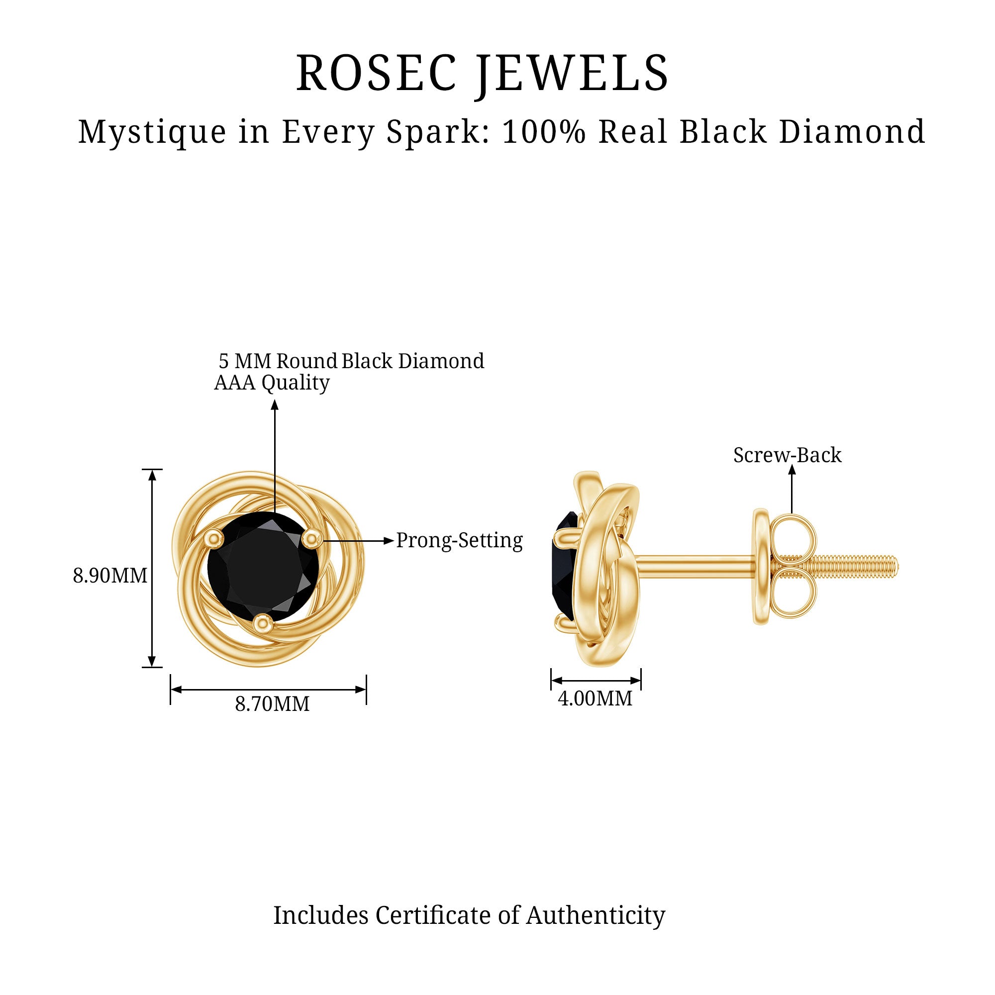 5 MM Black Diamond Solitaire and Gold Swirl Stud Earrings Black Diamond - ( AAA ) - Quality - Rosec Jewels