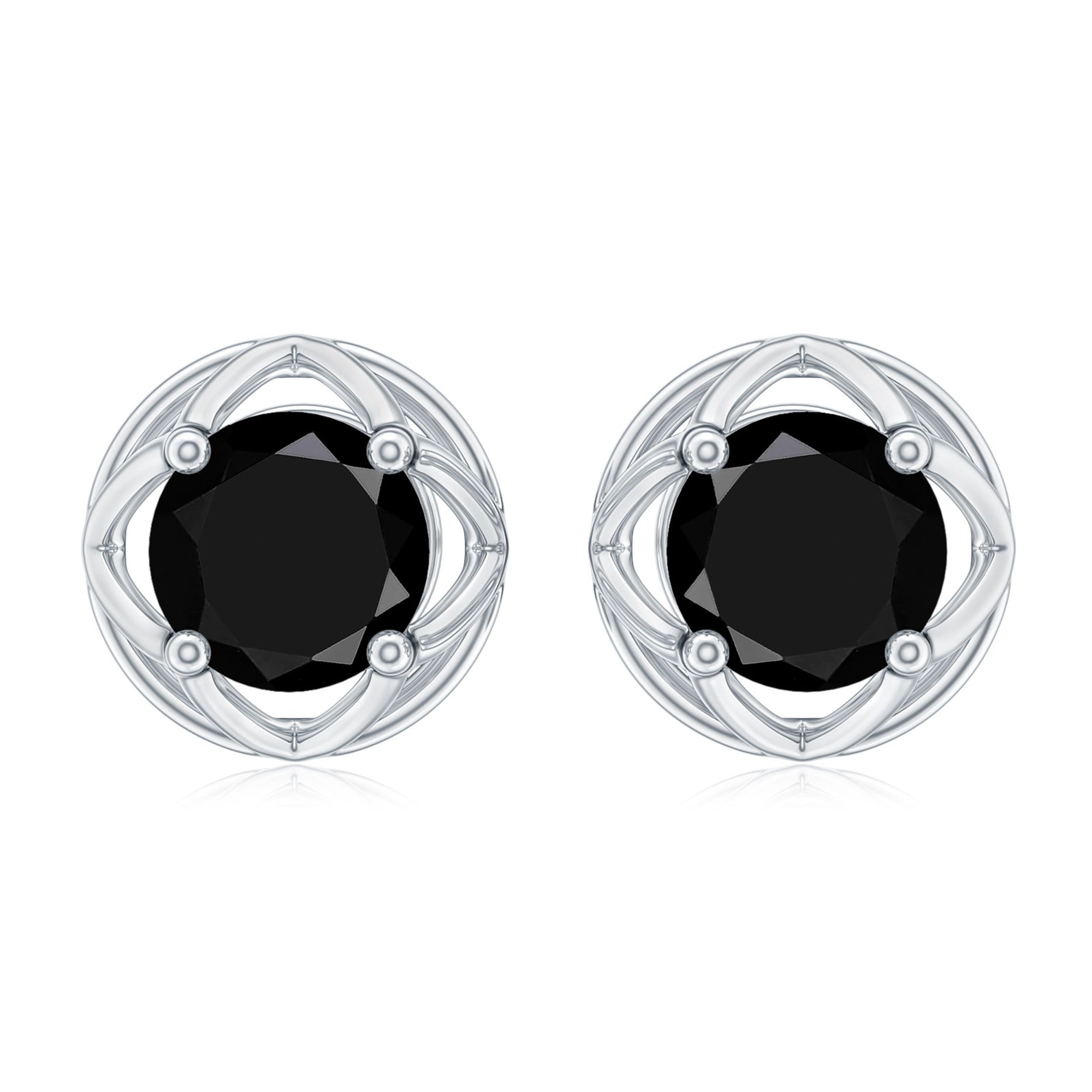 4 MM Round Cut Black Diamond Solitaire Floral Stud Earring Black Diamond - ( AAA ) - Quality - Rosec Jewels