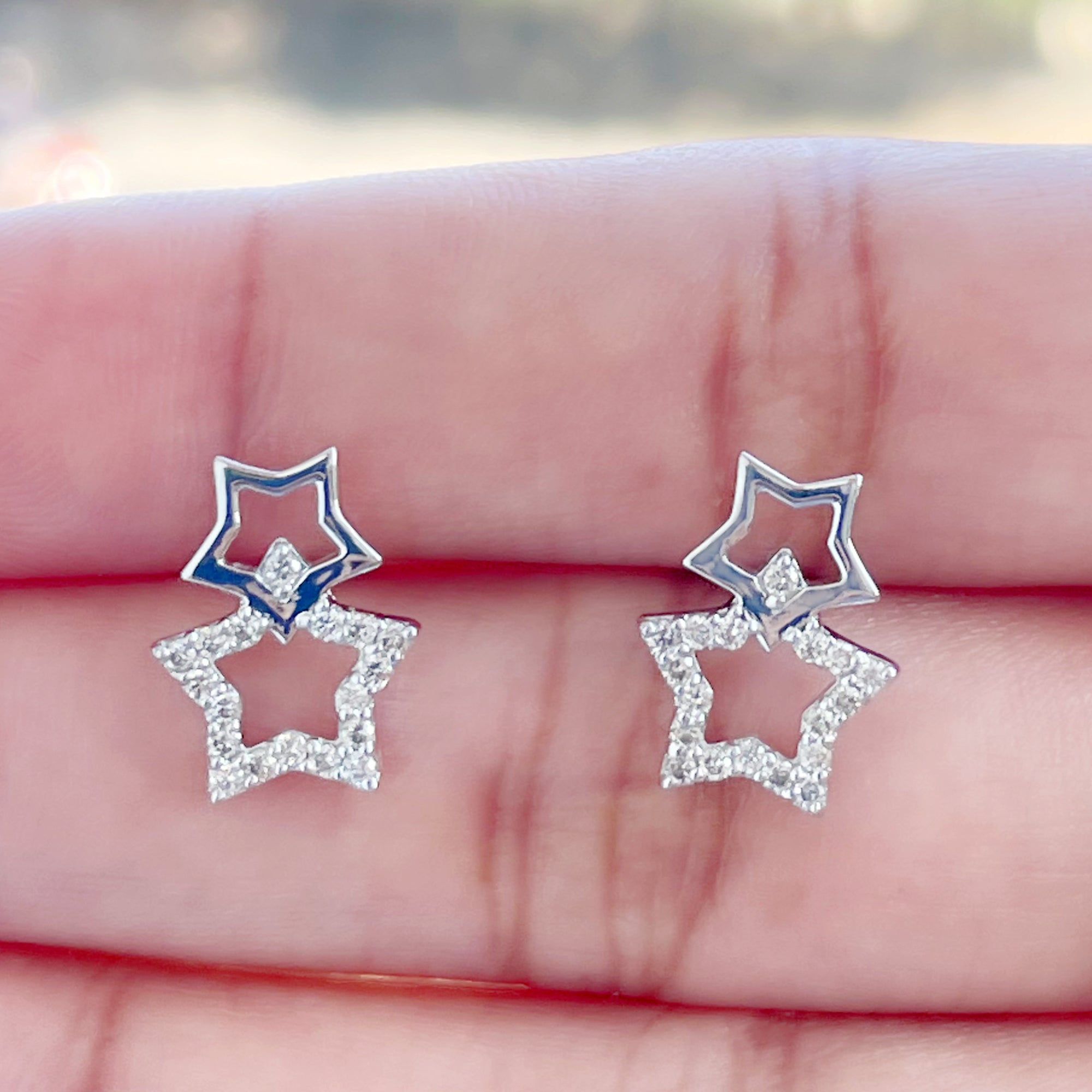 Double Star Stud Earrings with Diamond Diamond - ( HI-SI ) - Color and Clarity - Rosec Jewels