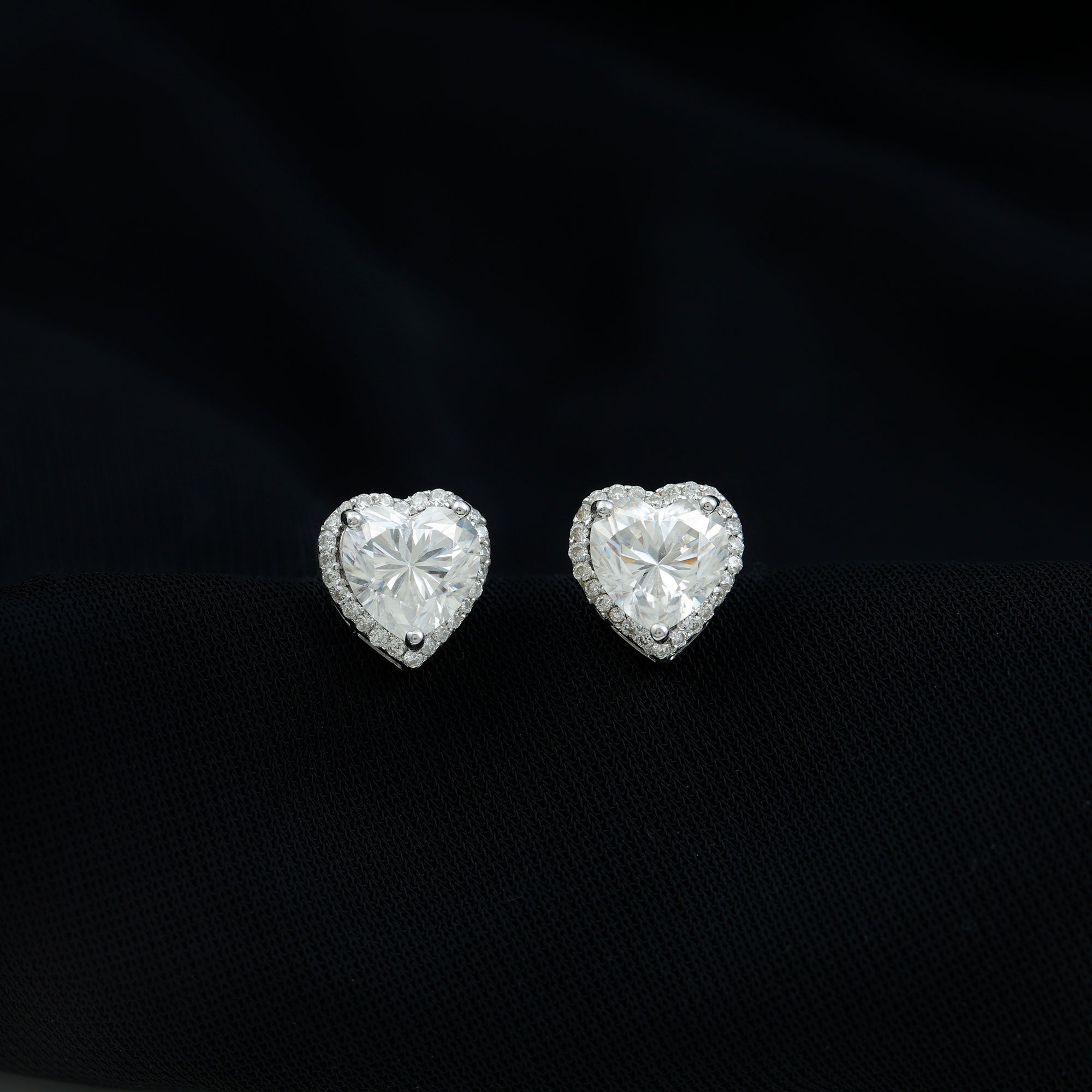 Elegant Heart Shape Moissanite Stud Earrings with Halo in Silver Moissanite - ( D-VS1 ) - Color and Clarity 92.5 Sterling Silver - Rosec Jewels