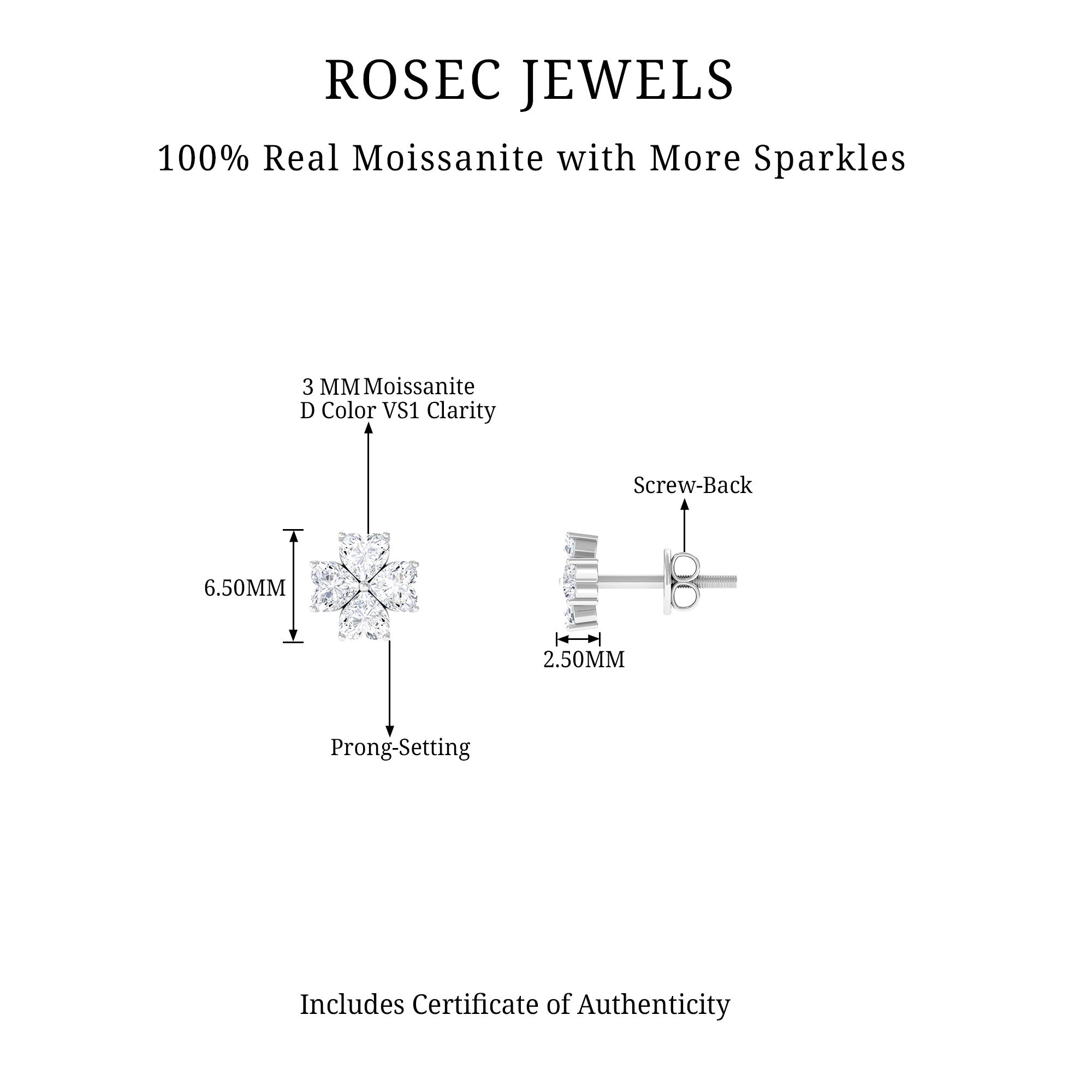 1 CT Heart Shape Moissanite Silver Flower Stud Earrings Moissanite - ( D-VS1 ) - Color and Clarity 92.5 Sterling Silver - Rosec Jewels