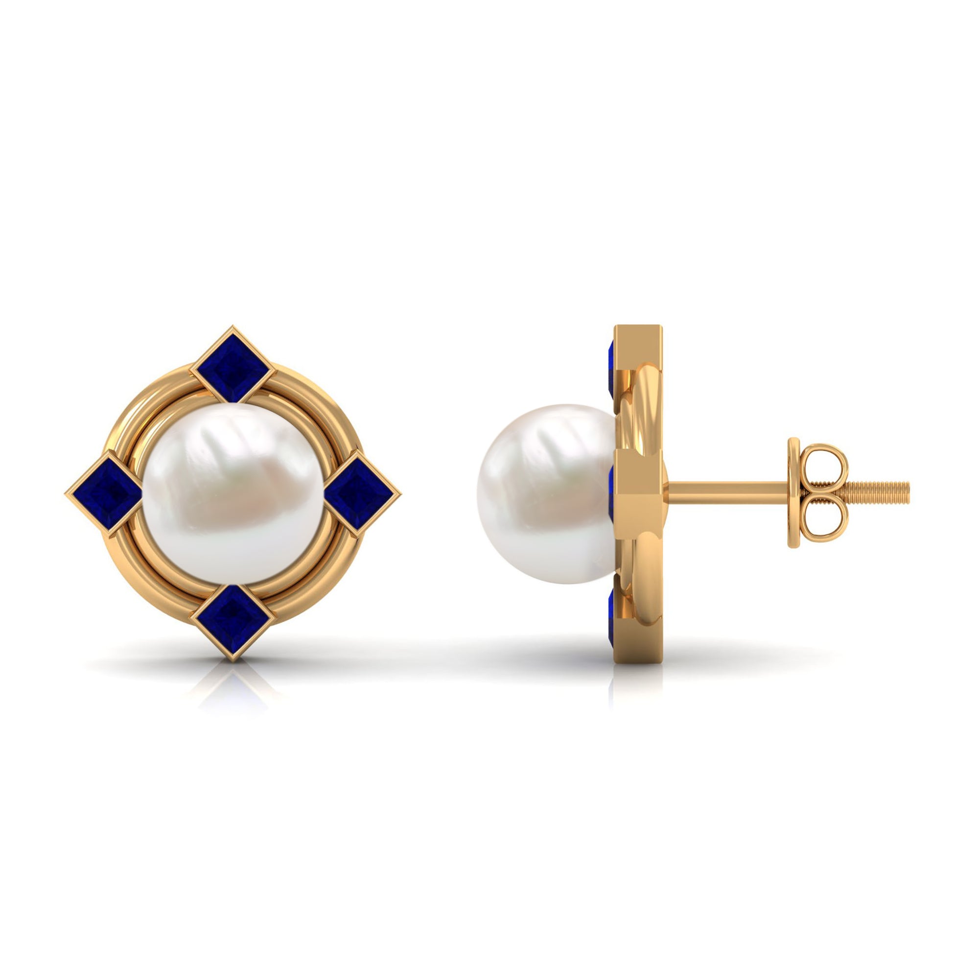 6.50 CT Modern Stud Earrings with Freshwater Pearl and Blue Sapphire Freshwater Pearl - ( AAA ) - Quality - Rosec Jewels