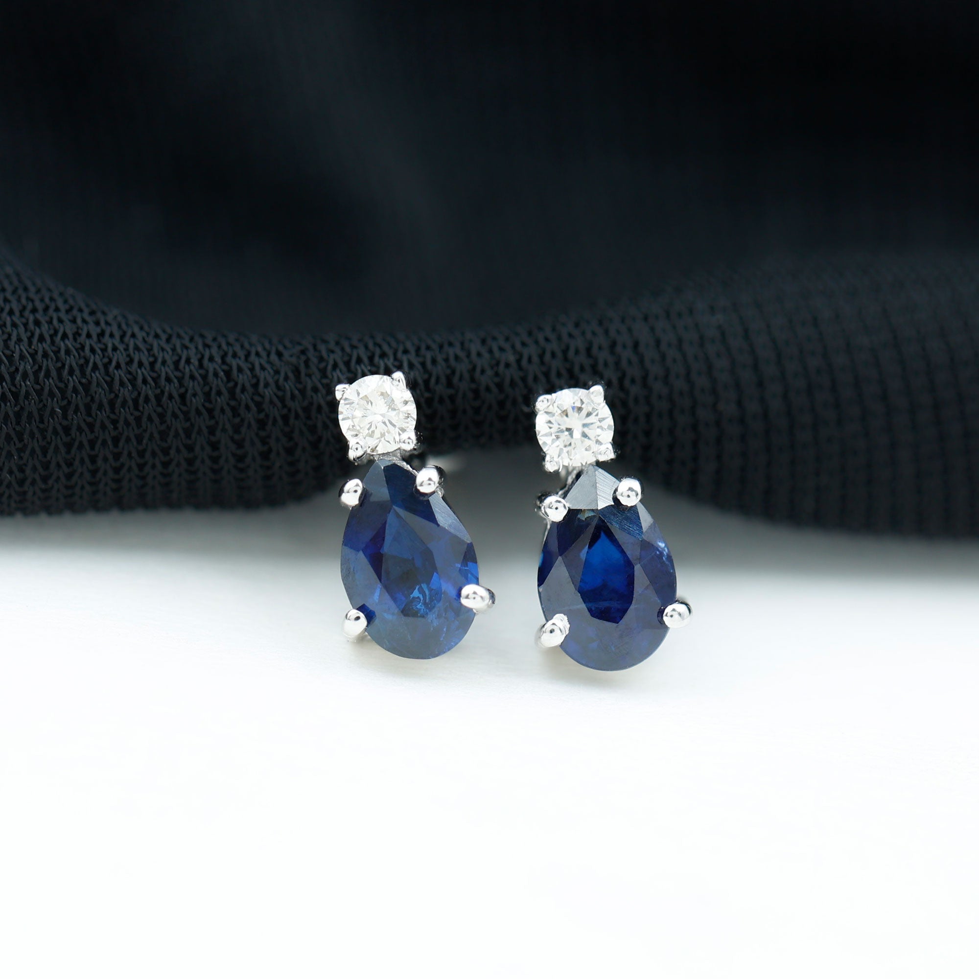 1 CT Simple Pear Cut Blue Sapphire and Round Diamond Two Stone Stud Earrings Blue Sapphire - ( AAA ) - Quality - Rosec Jewels