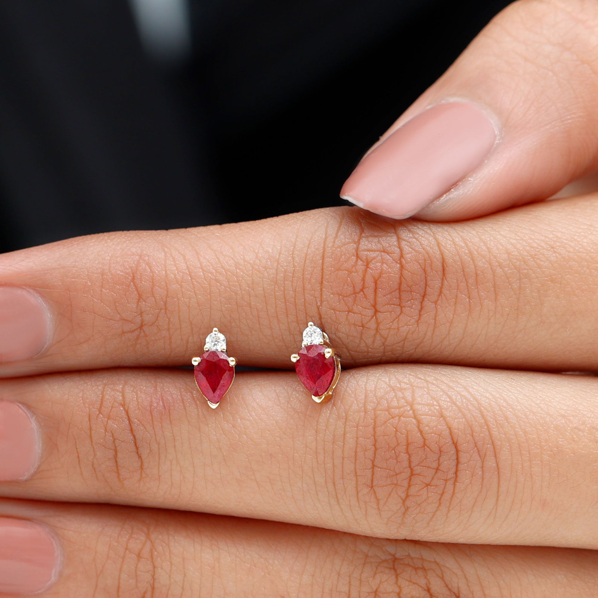 1.25 CT Pear Cut Ruby and Diamond Dainty Stud Earrings Ruby - ( AAA ) - Quality - Rosec Jewels