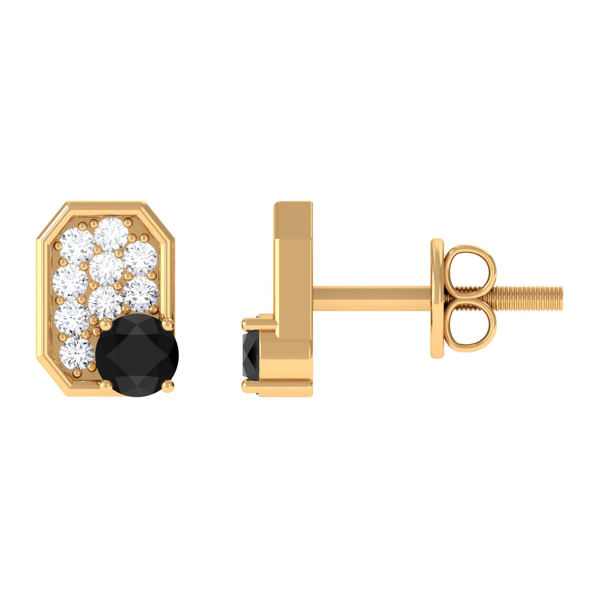 Classic Black Onyx and Diamond Octagon Stud Earrings Black Onyx - ( AAA ) - Quality - Rosec Jewels