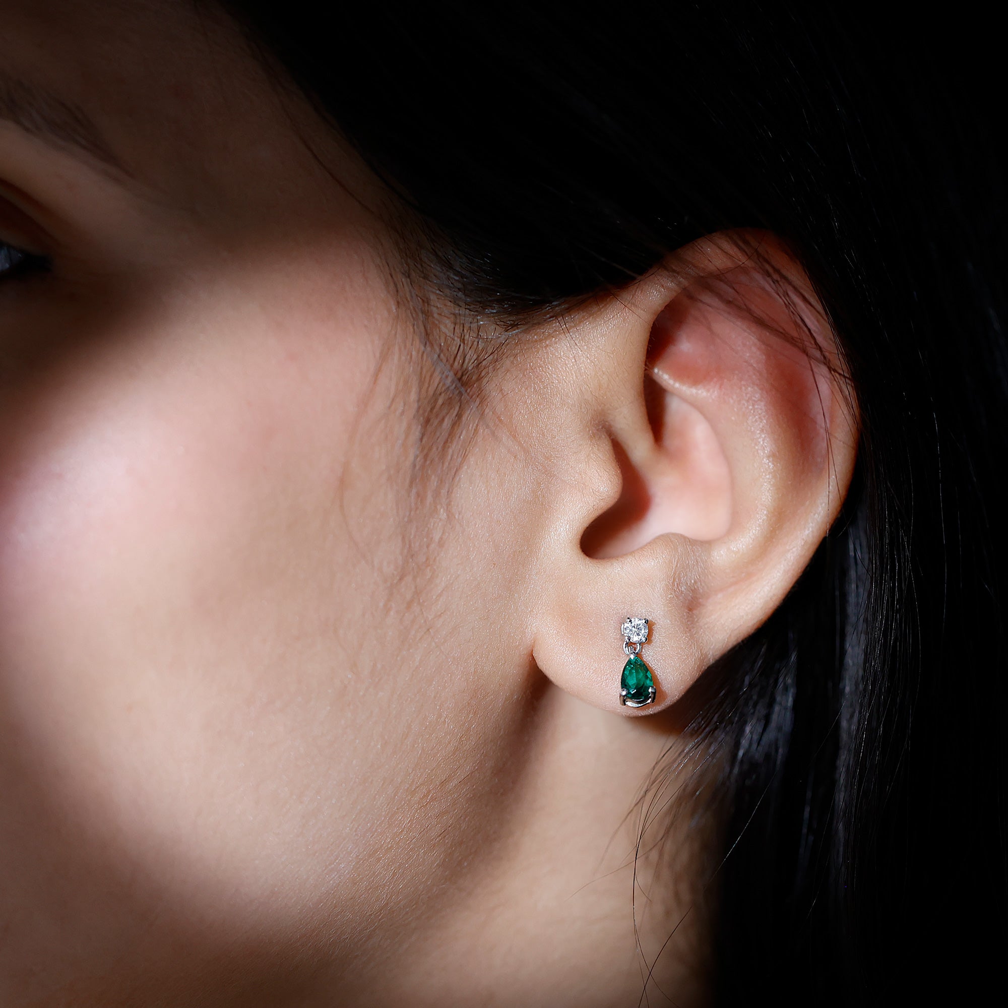 Pear Cut Lab Created Emerald and Moissanite Silver Simple Teardrop Earrings Lab Created Emerald - ( AAAA ) - Quality 92.5 Sterling Silver - Rosec Jewels