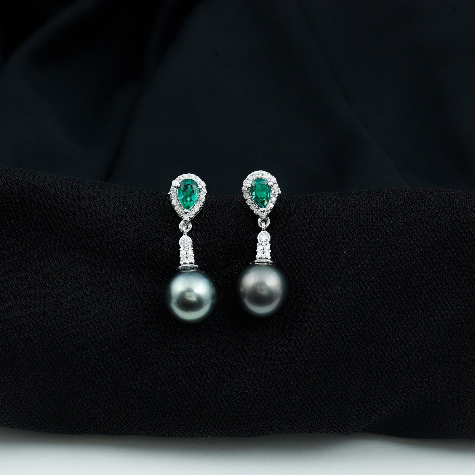 Tahitian Pearl and Created Emerald Drop Earrings with Moissanite Lab Created Emerald - ( AAAA ) - Quality - Rosec Jewels