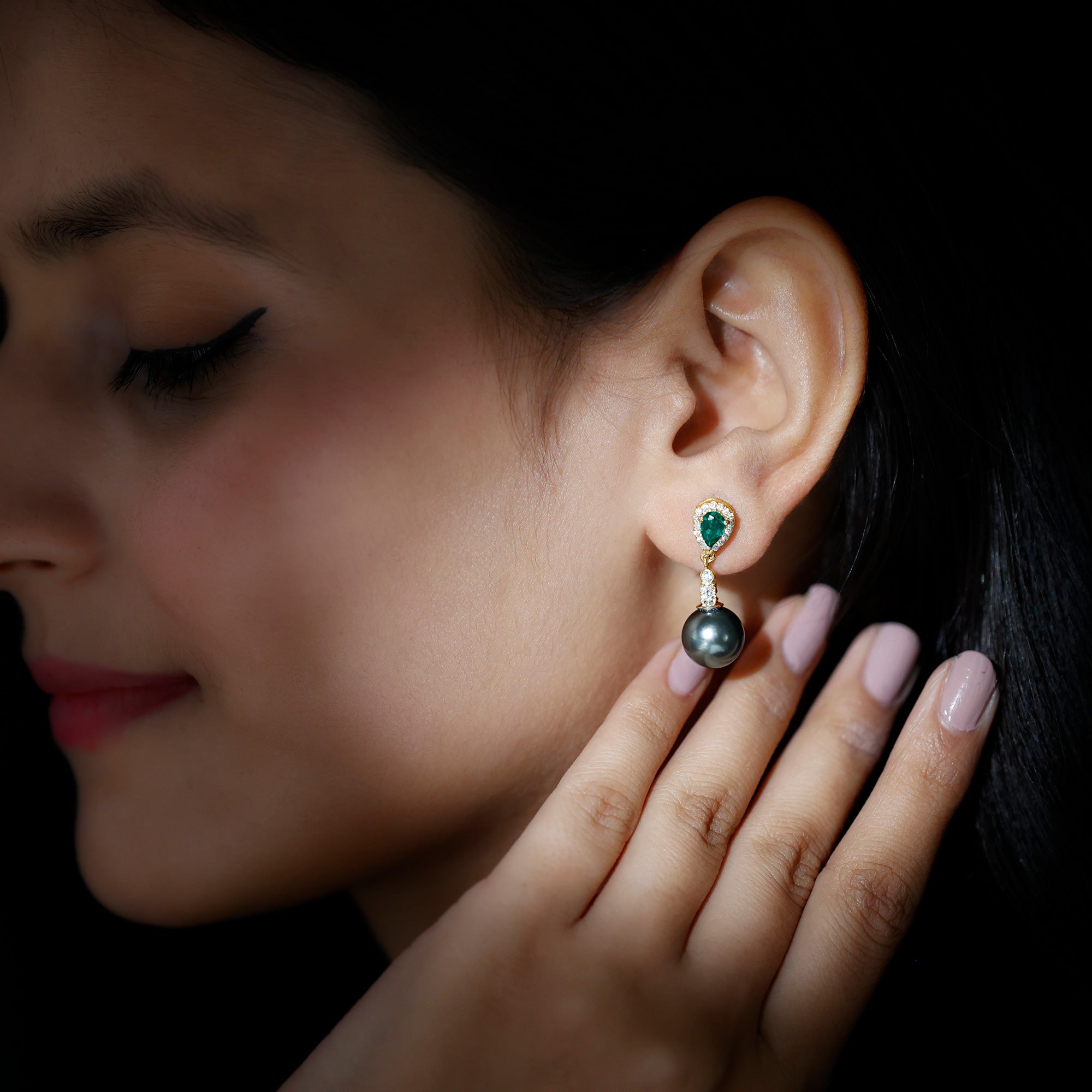 Tahitian Pearl and Created Emerald Drop Earrings with Moissanite Lab Created Emerald - ( AAAA ) - Quality - Rosec Jewels