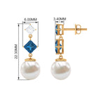 16.5 CT Freshwater Pearl and London Blue Topaz Dangle Drop Earrings with Moissanite Freshwater Pearl - ( AAA ) - Quality - Rosec Jewels