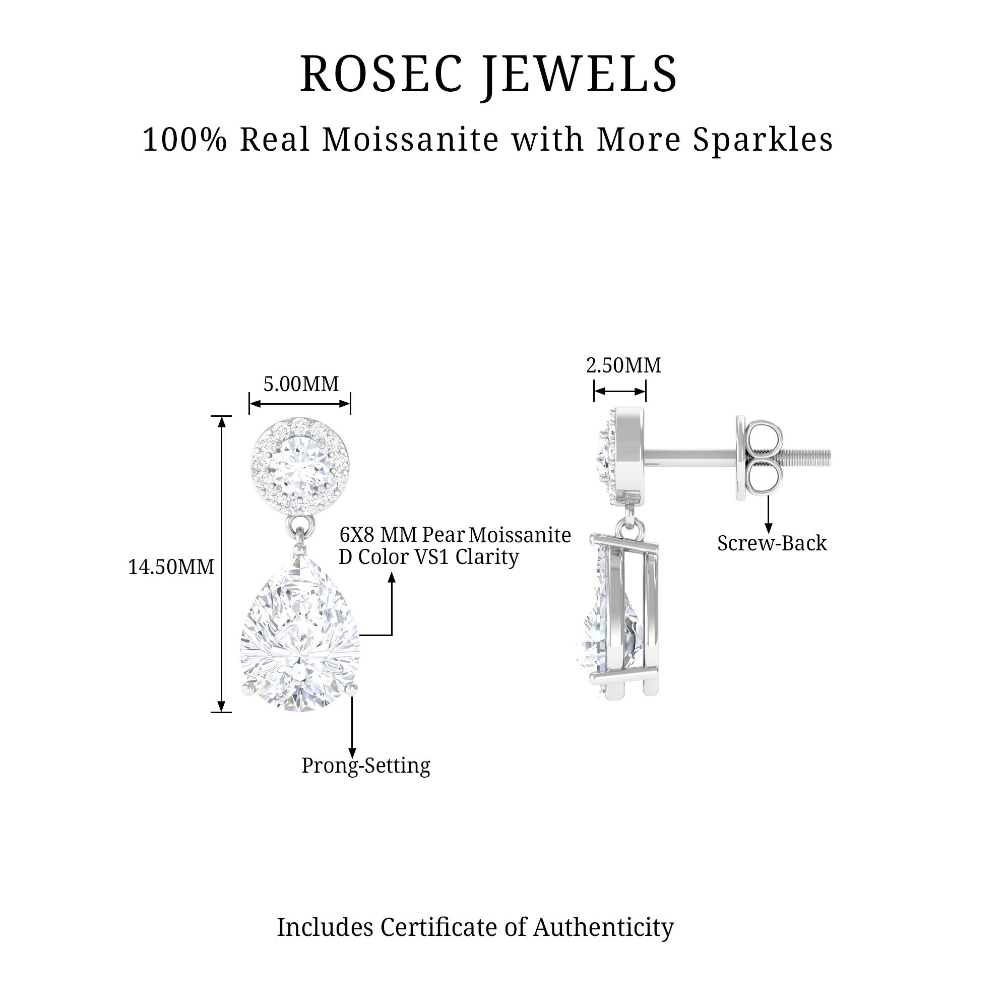 3 CT Classic Moissanite Bridal Drop Earrings Moissanite - ( D-VS1 ) - Color and Clarity - Rosec Jewels