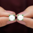 Freshwater Pearl Diamond Halo Stud Earrings with Created Emerald Freshwater Pearl - ( AAA ) - Quality - Rosec Jewels