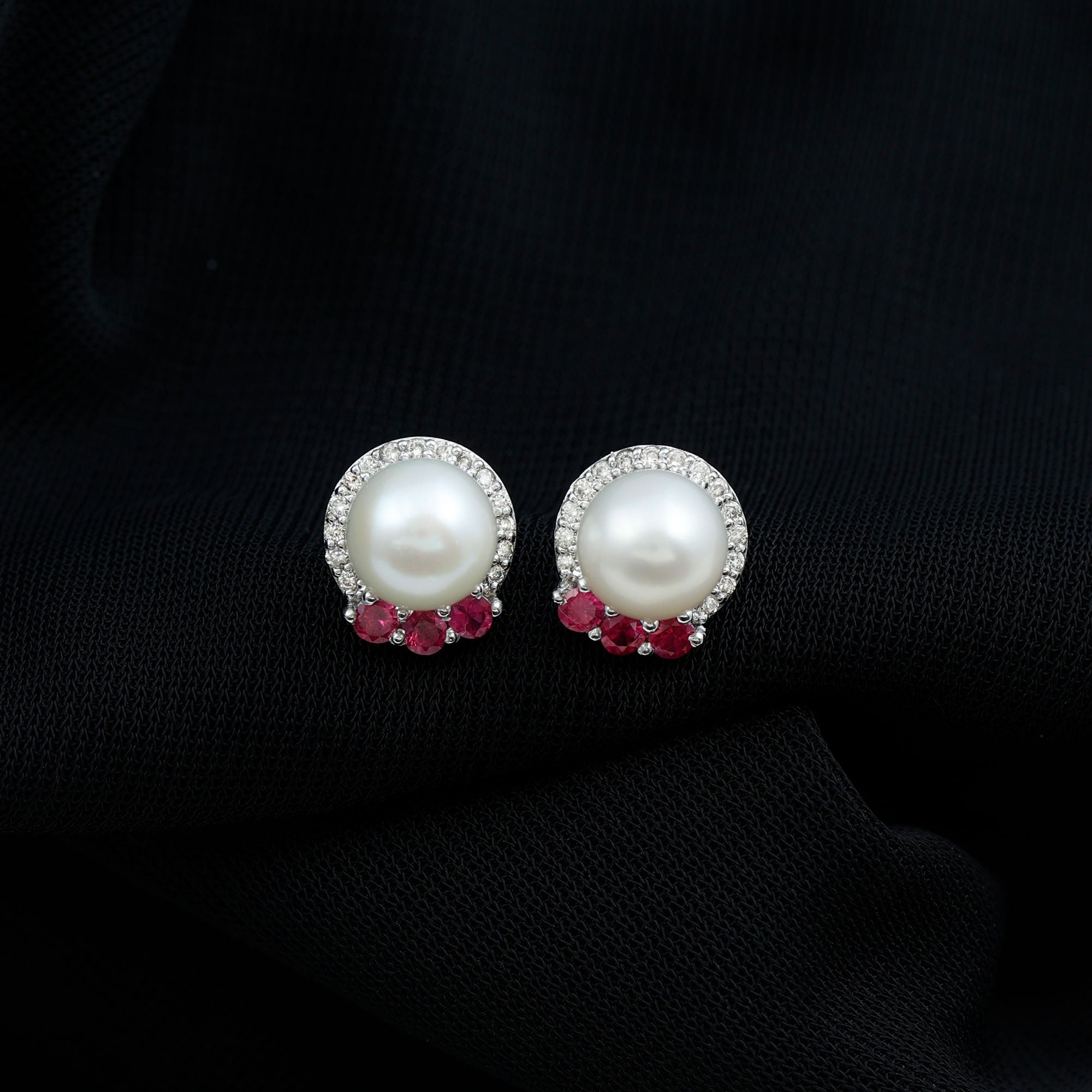 Freshwater Pearl and Ruby Stud Earrings with Diamond Halo Freshwater Pearl - ( AAA ) - Quality - Rosec Jewels