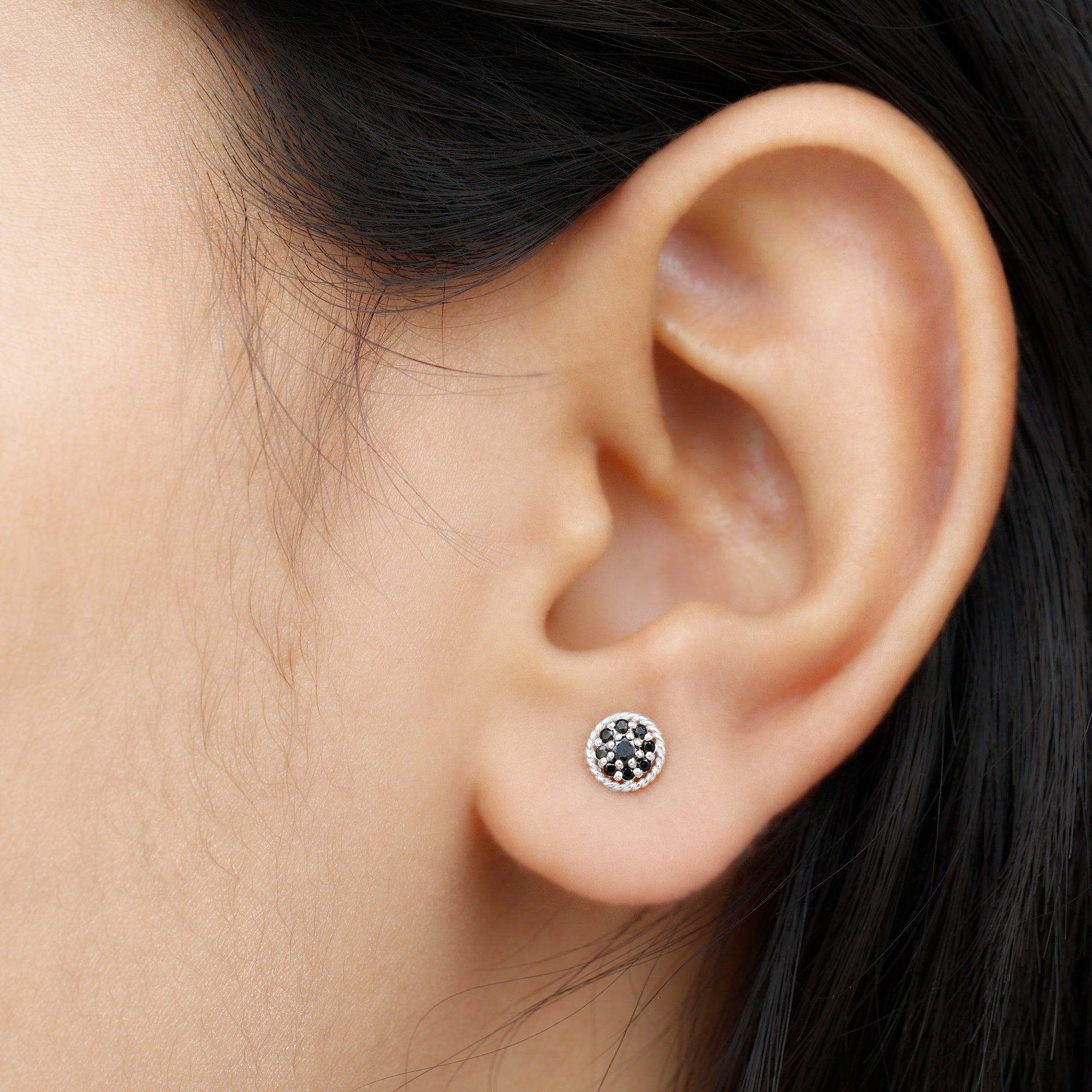 Twisted Rope Stud Earrings with Floral Black Spinel Black Spinel - ( AAA ) - Quality - Rosec Jewels