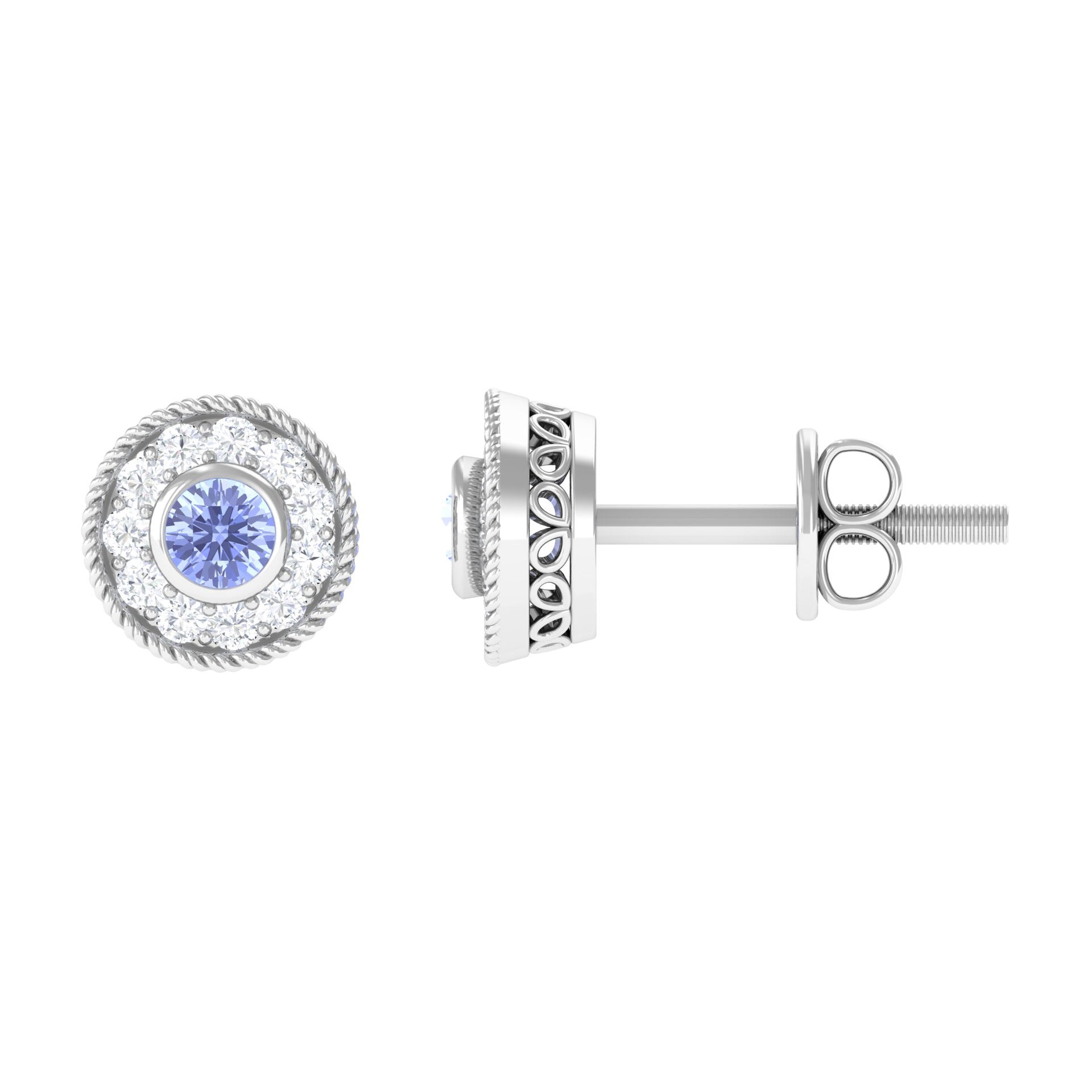 Antique Style Tanzanite and Diamond Halo Stud Earrings Tanzanite - ( AAA ) - Quality - Rosec Jewels