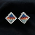 Multi Gemstone Rainbow Square Stud Earrings in Silver Lab Created Blue Sapphire - ( AAAA ) - Quality 92.5 Sterling Silver - Rosec Jewels