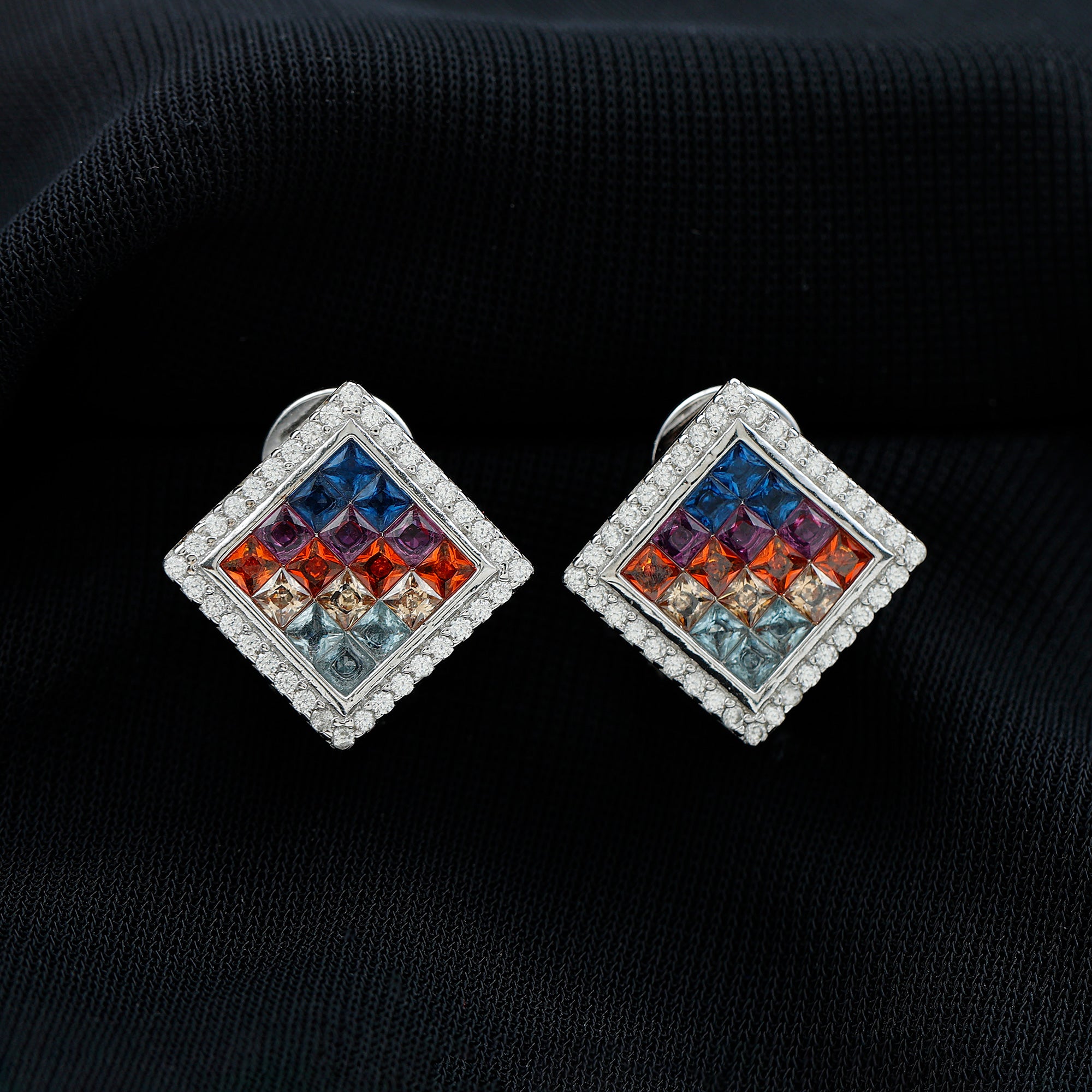 Multi Gemstone Rainbow Square Stud Earrings in Silver Lab Created Blue Sapphire - ( AAAA ) - Quality 92.5 Sterling Silver - Rosec Jewels