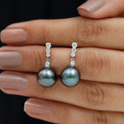 Diamond Bar and Tahitian Pearl Drop Earrings Tahitian pearl - ( AAA ) - Quality - Rosec Jewels