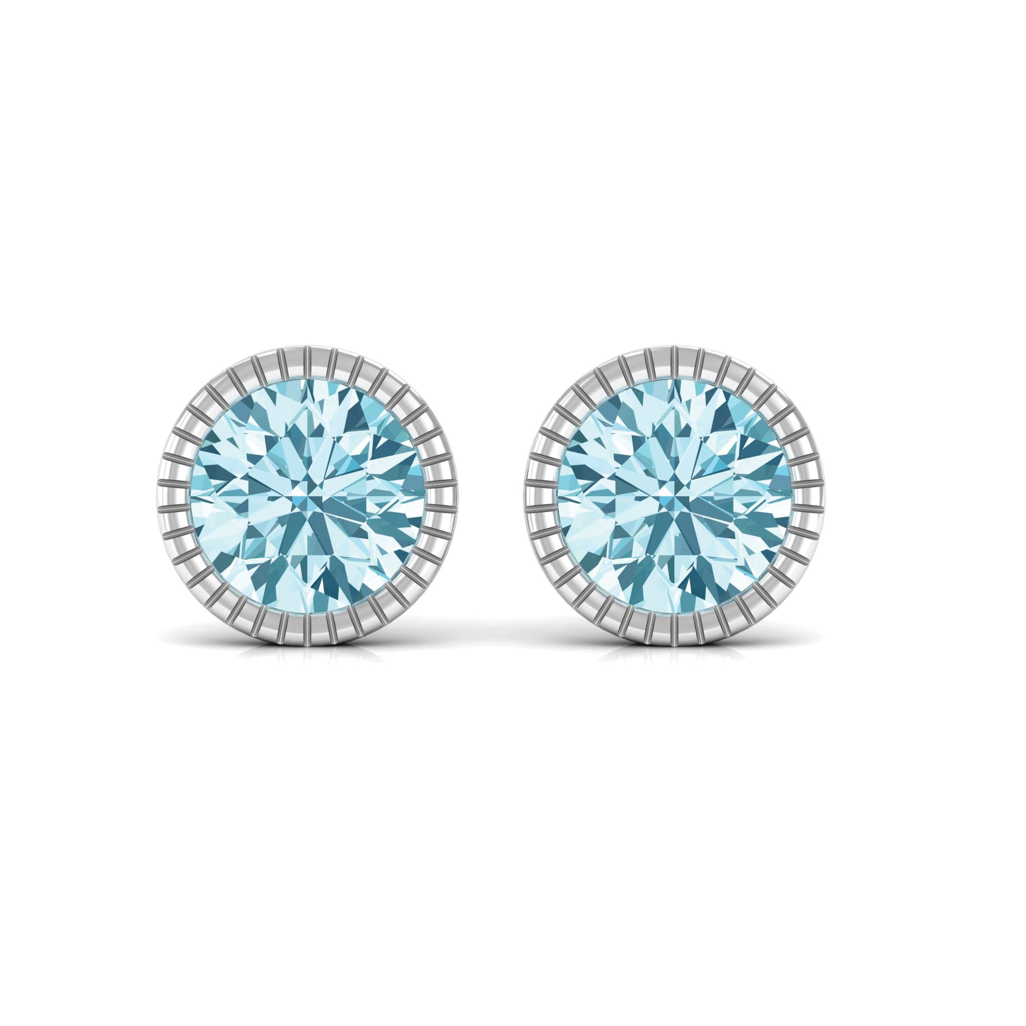 Round Cut Real Aquamarine Solitaire Stud Earring in Bezel Setting Aquamarine - ( AAA ) - Quality - Rosec Jewels