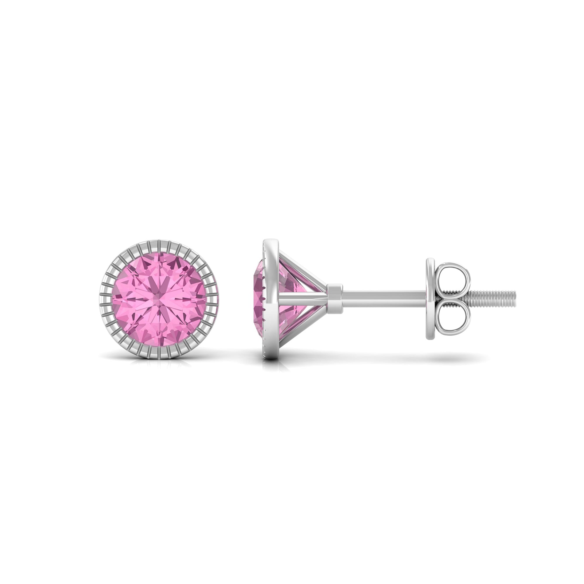 Engraved Bezel Set Pink Tourmaline Gold Solitaire Stud Earring Pink Tourmaline - ( AAA ) - Quality - Rosec Jewels