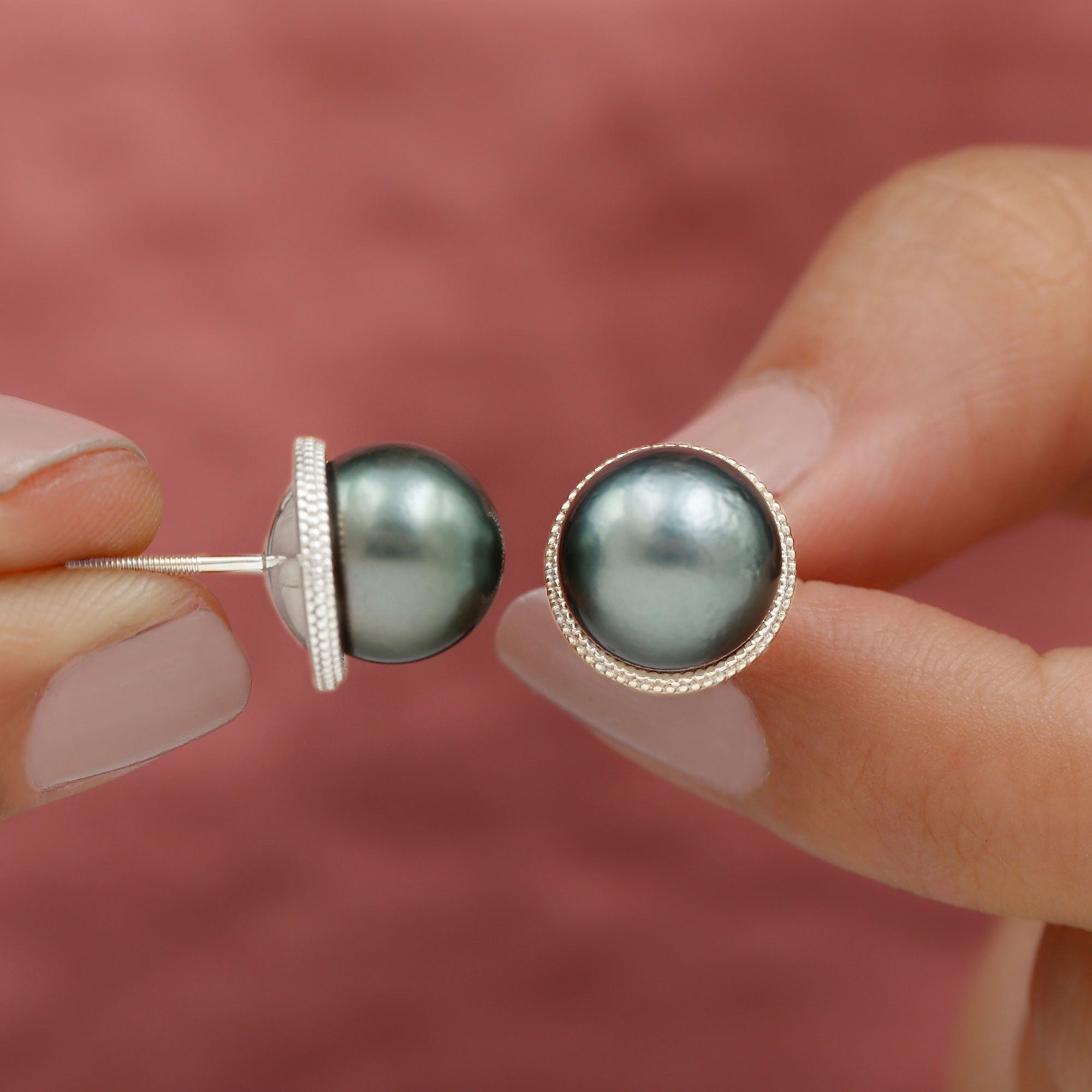 Beaded Bezel Set Tahitian Pearl Solitaire Gold Stud Earring Tahitian pearl - ( AAA ) - Quality - Rosec Jewels