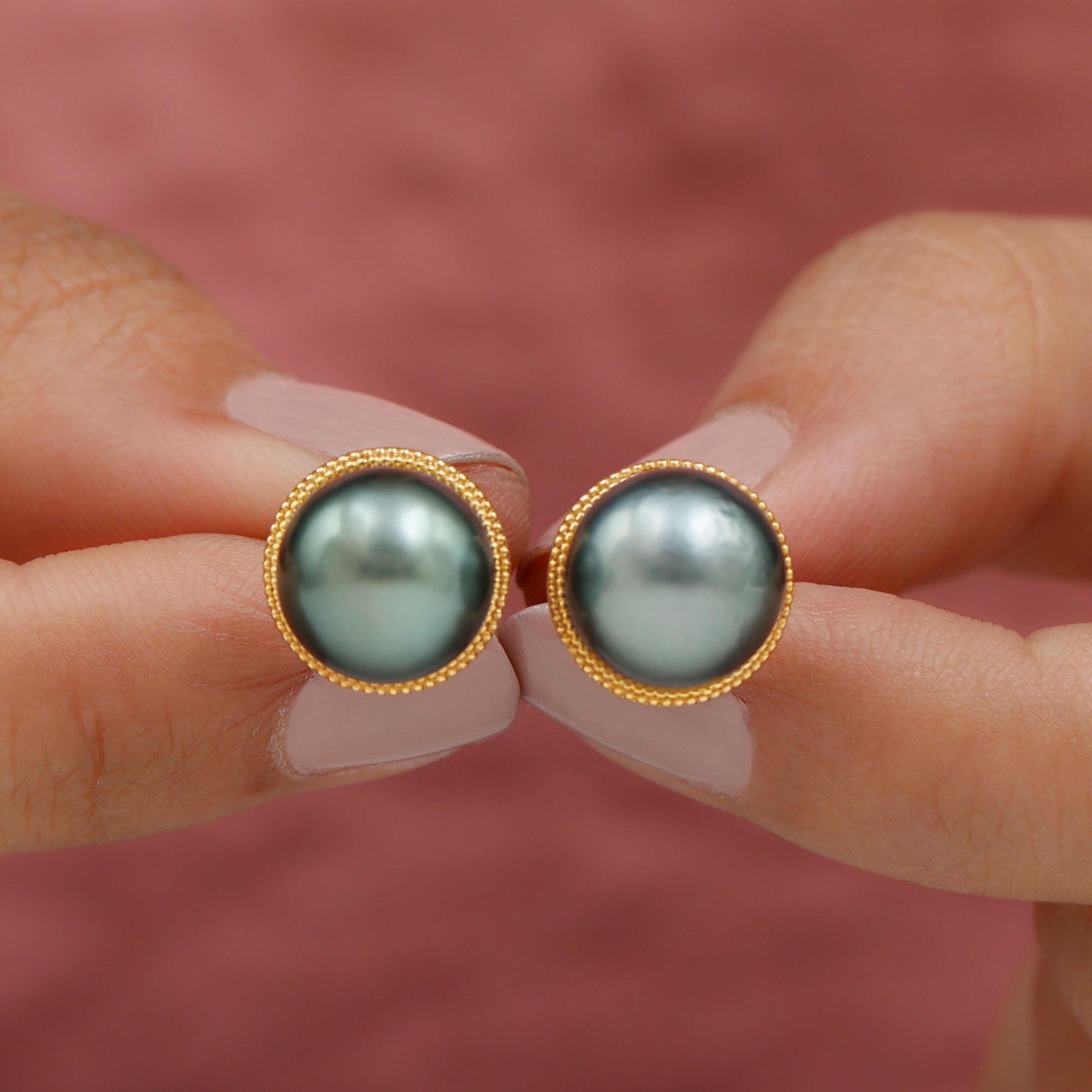 Beaded Bezel Set Tahitian Pearl Solitaire Gold Stud Earring Tahitian pearl - ( AAA ) - Quality - Rosec Jewels