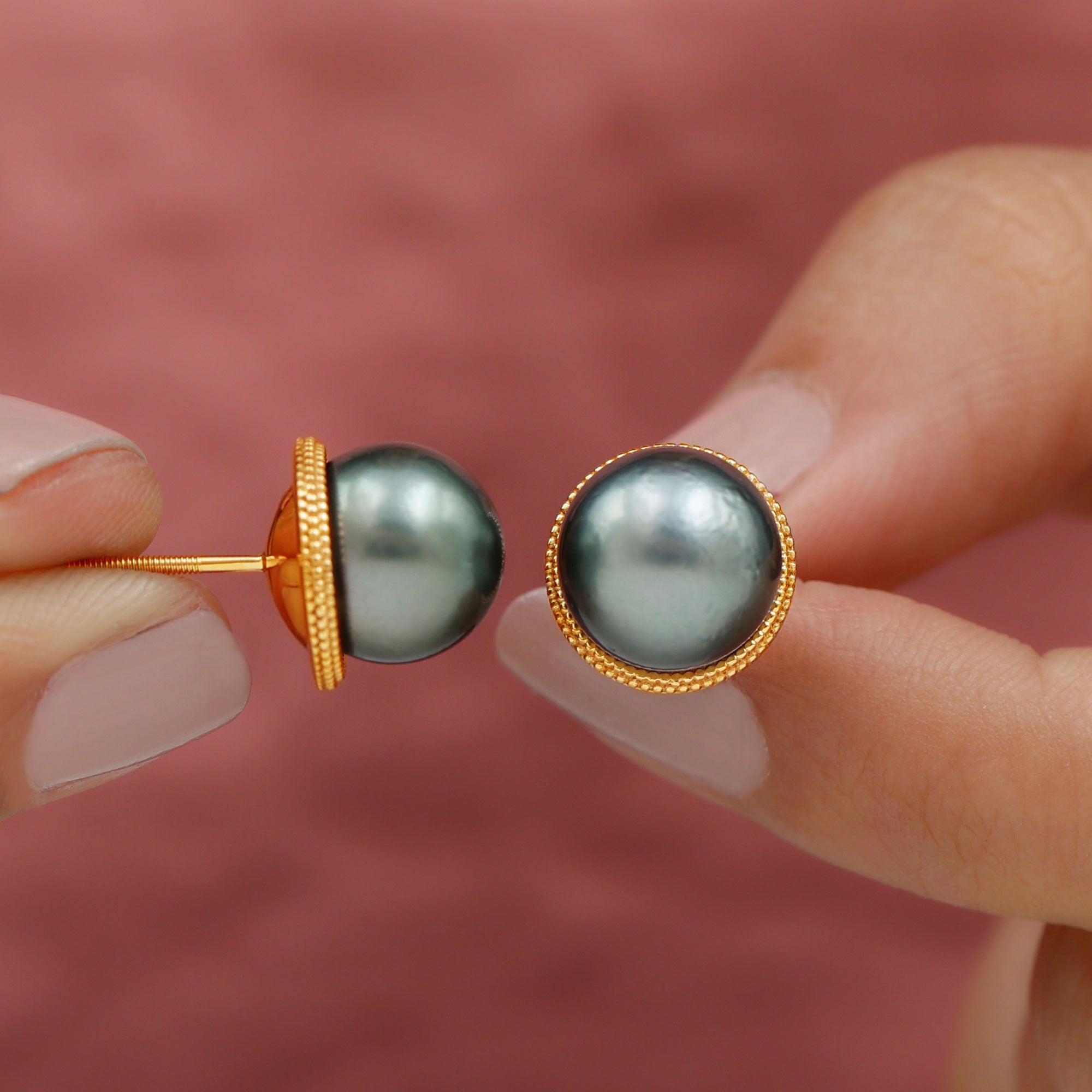 Beaded Bezel Set Tahitian Pearl Solitaire Gold Stud Earring Tahitian pearl - ( AAA ) - Quality - Rosec Jewels